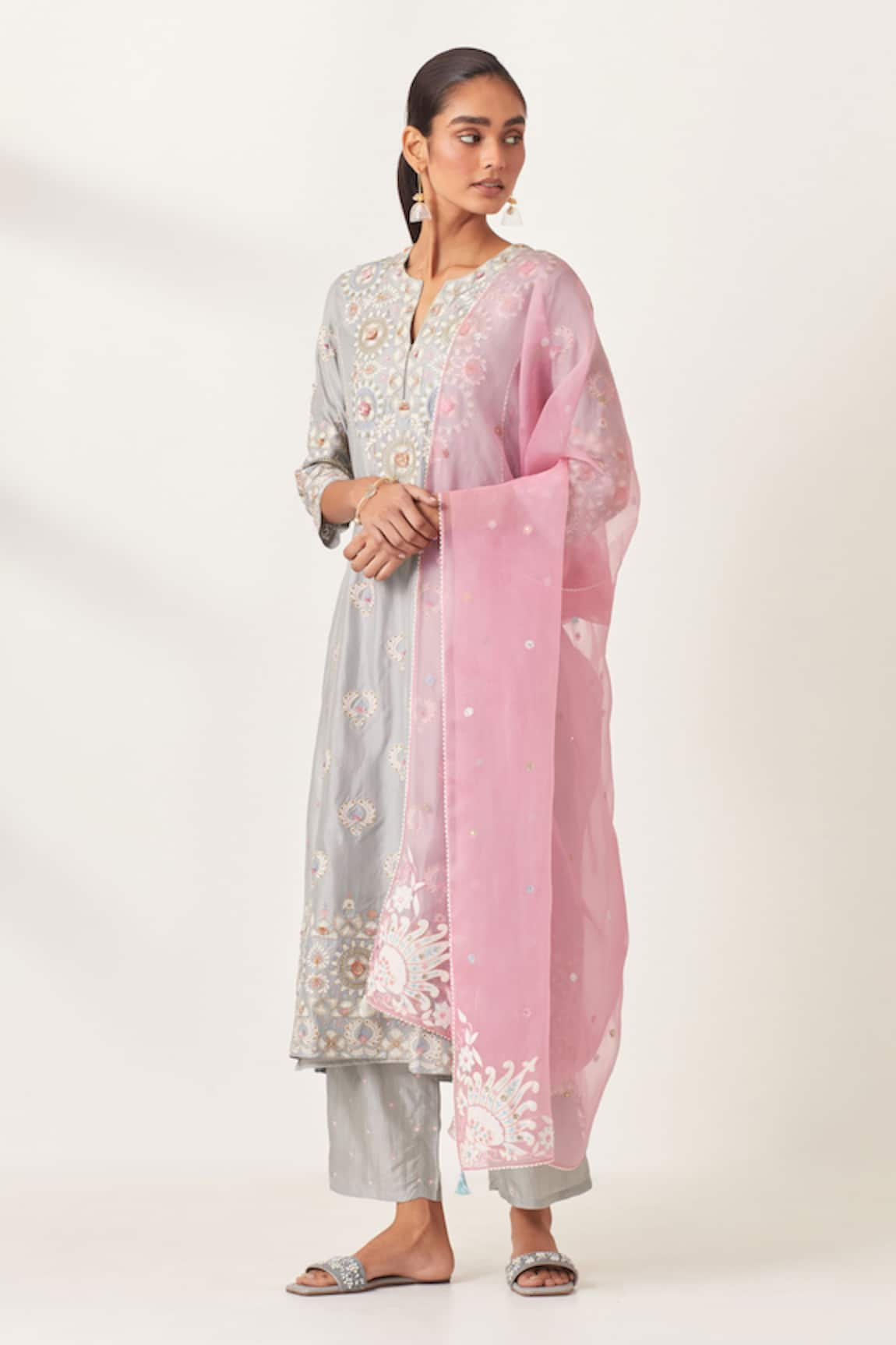 KORA Silk Floral Aari Work Panelled Kurta Pant Set