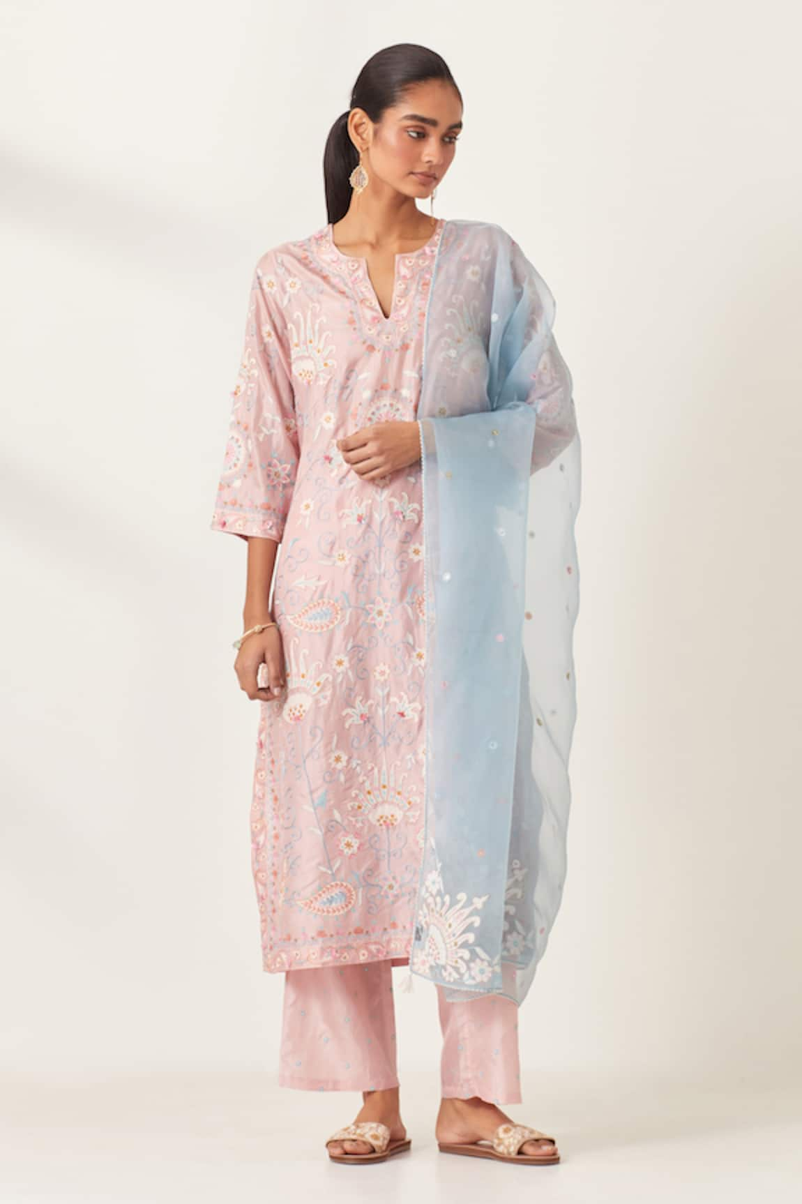 KORA Silk Floral Jaal Applique Work Kurta Pant Set