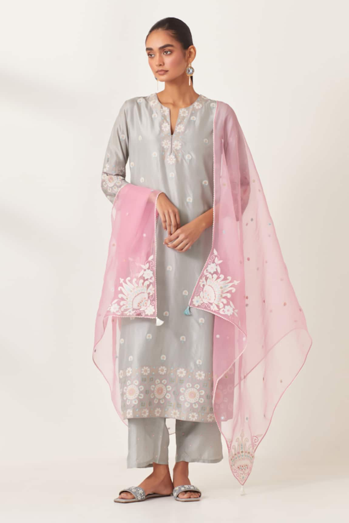 KORA Silk Blossom Applique Work Kurta Pant Set