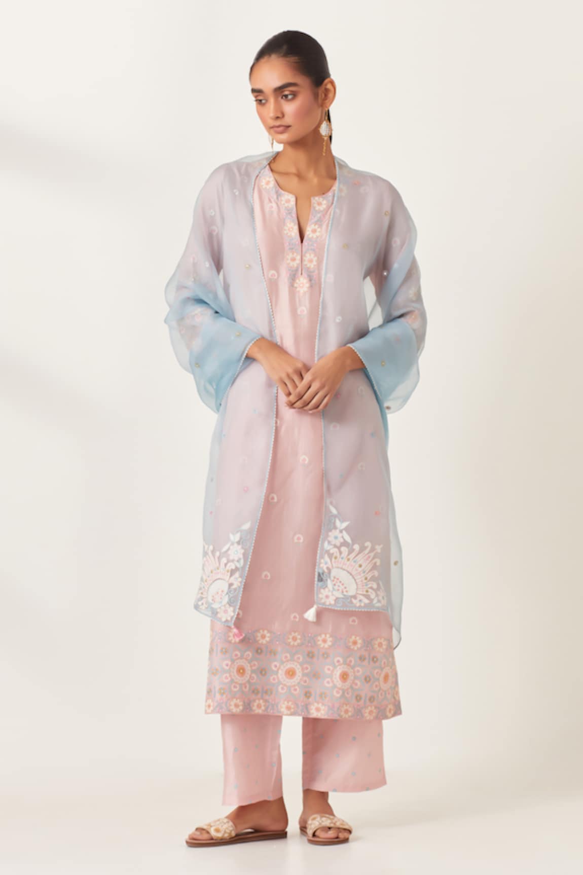 KORA Silk Applique Work Floral Kurta Pant Set