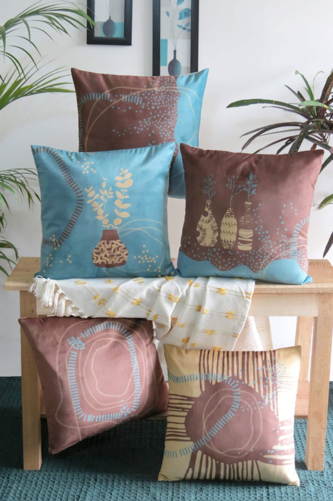 Mid July Home Printed Velvet Nature-Inspired Cushion Covers - Set Of 5