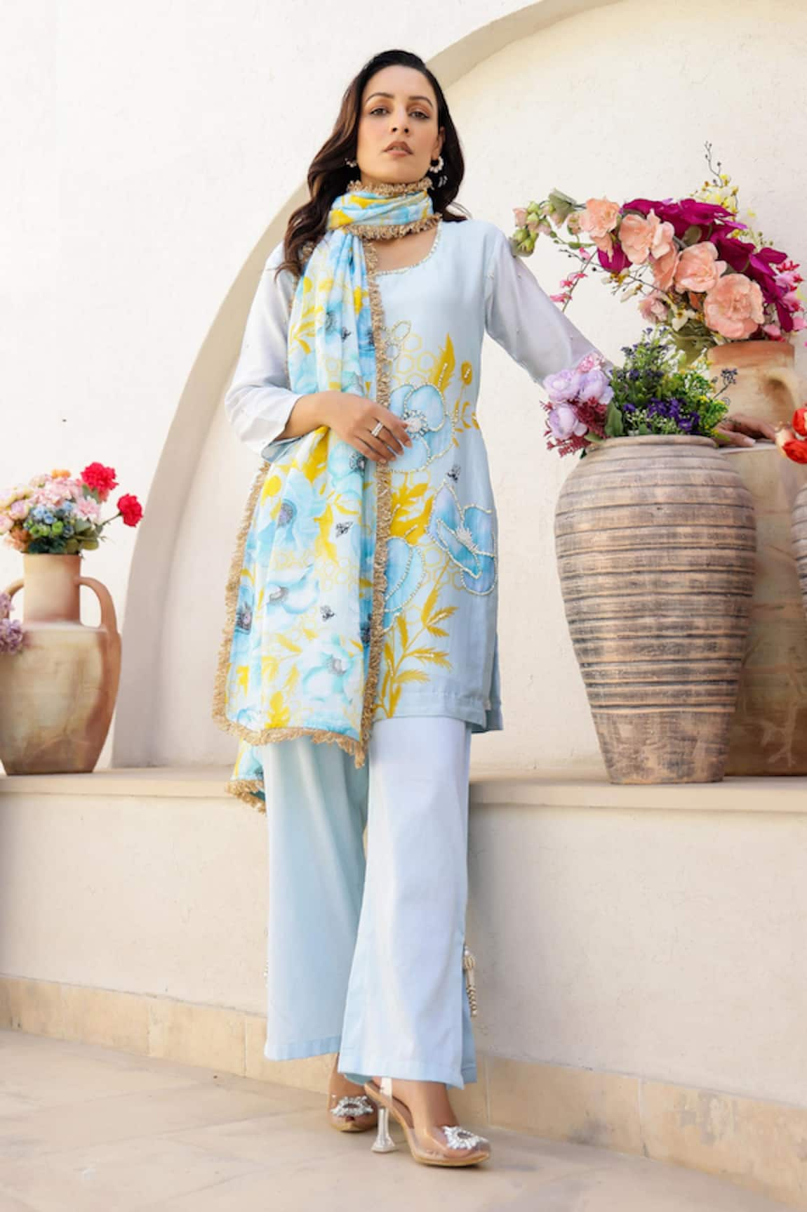 Chrkha Floral Print Embroidered Kurta Slit Pant Set