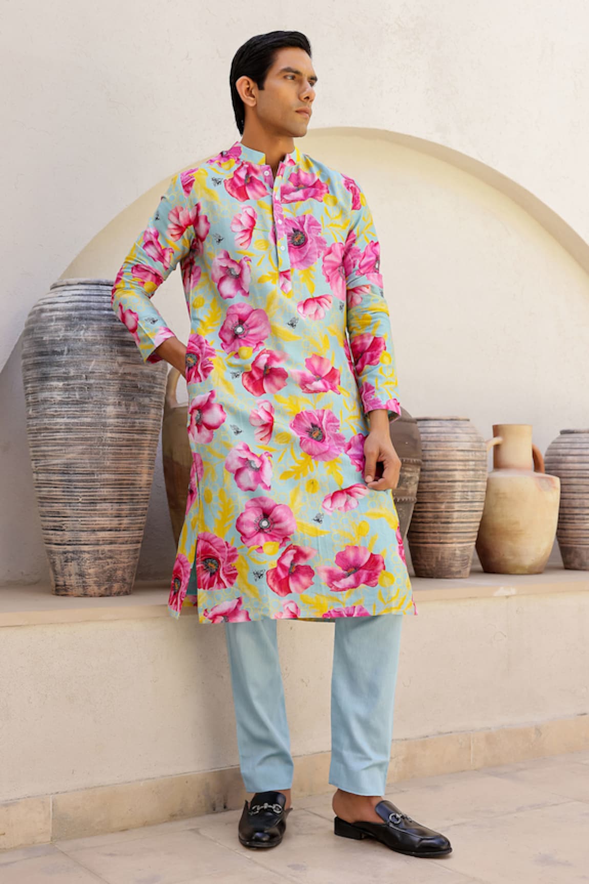 Chrkha Contrast Floral Print Straight Kurta With Solid Pant