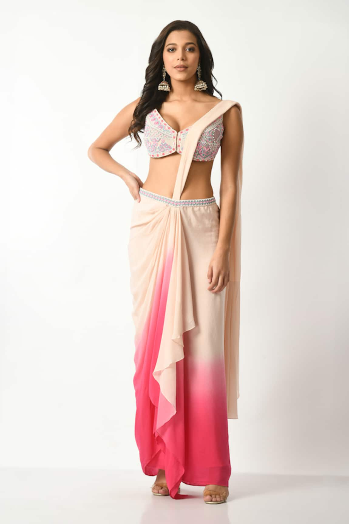 Salt and Spring Ombre Pre-Draped Saree With Embroidered Blouse