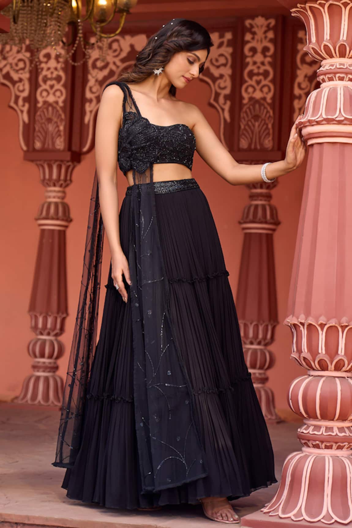 Aariyana Couture Embroidered Draped Blouse & Tiered Skirt Set
