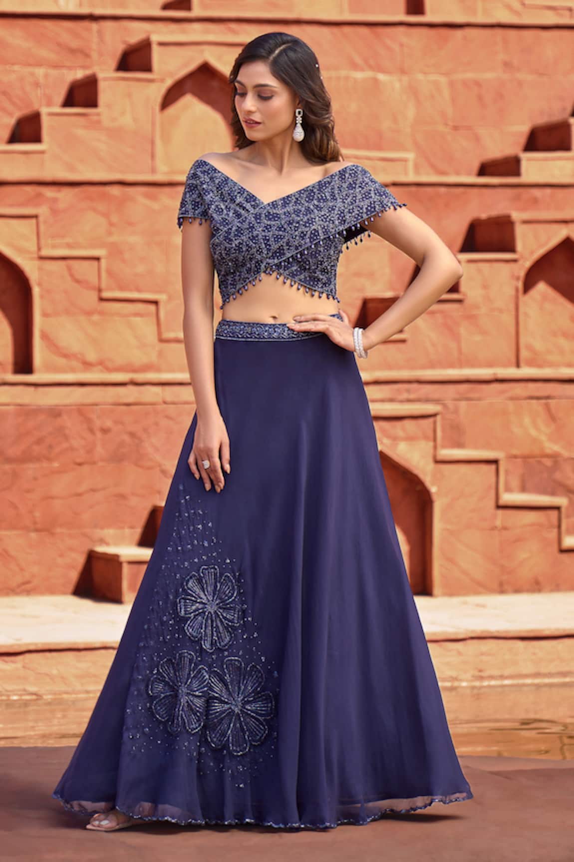 Aariyana Couture Off Shoulder Embroidered Blouse & Skirt Set