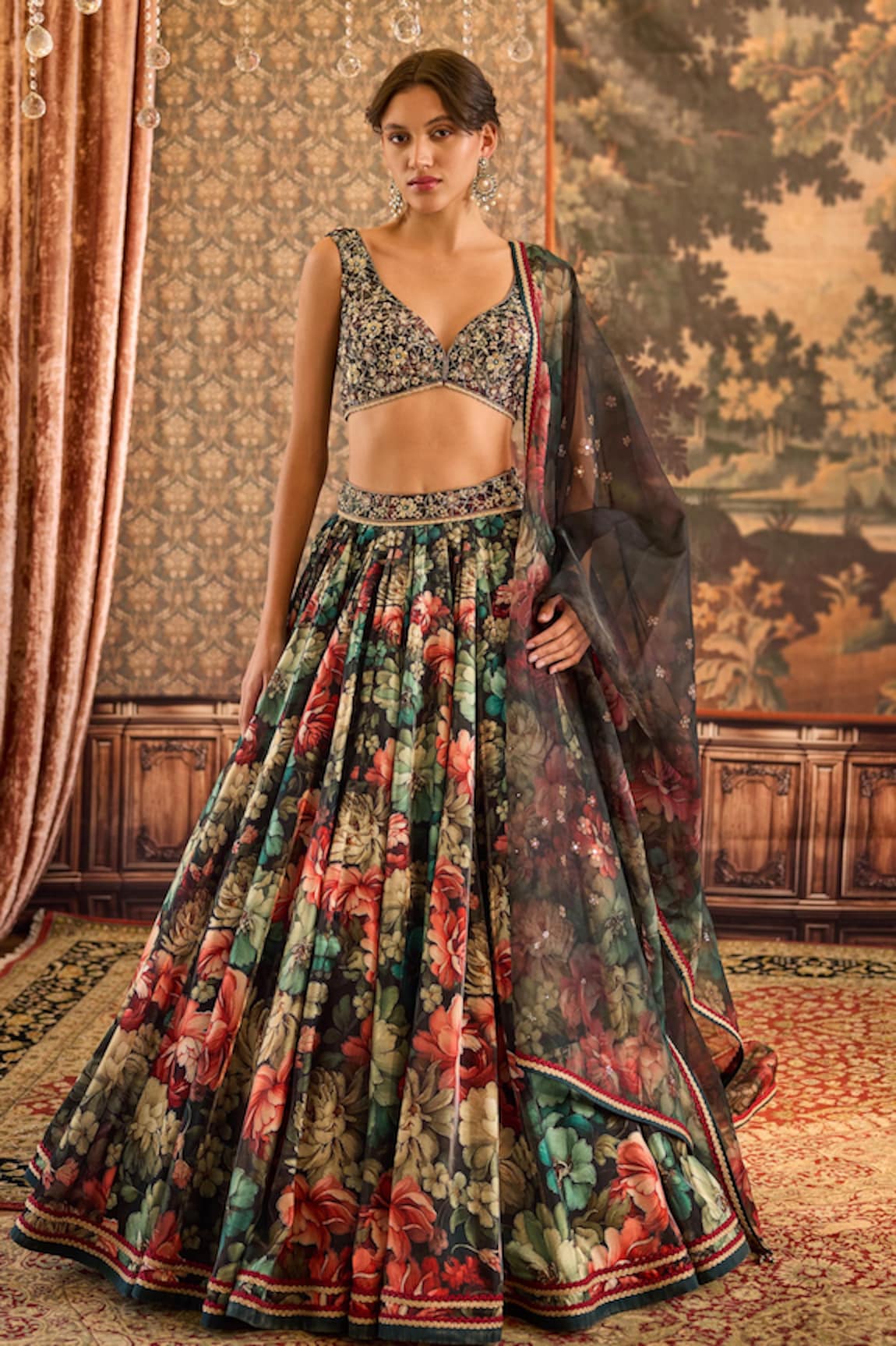 Cedar & Pine Vintage Garden Print Lehenga Set