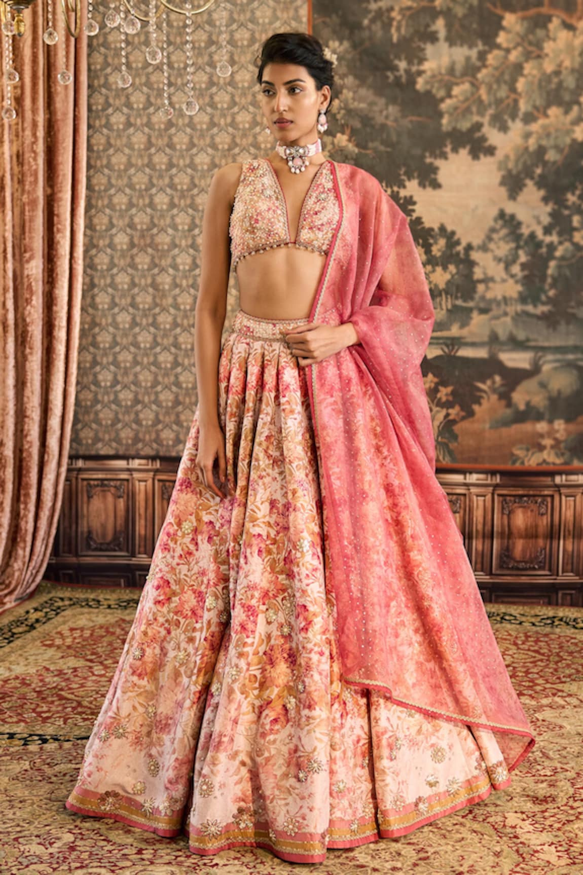 Cedar & Pine Peonies Floral Print Bridal Lehenga Set