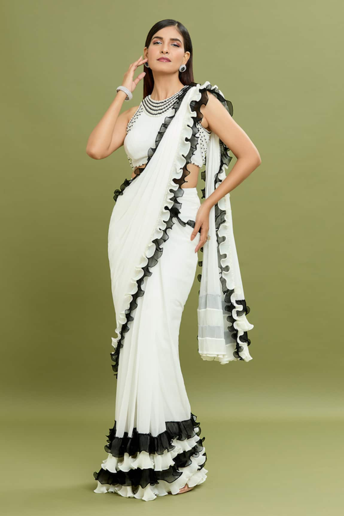 ARPAN VOHRA Pearl Embroidered Pre-Draped Ruffle Saree With Blouse