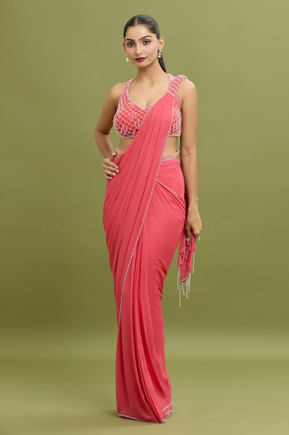 ARPAN VOHRA Bead Embroidered Hem Pre-Draped Saree With Blouse