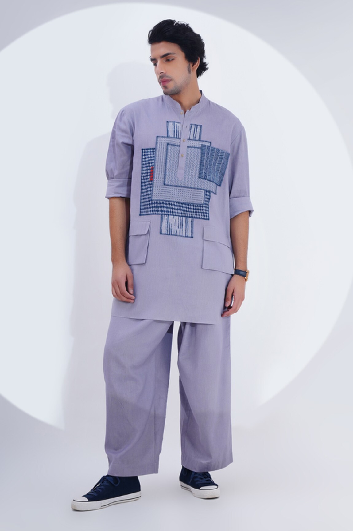 Jajaabor Geometric Patch Work Kurta With Pant