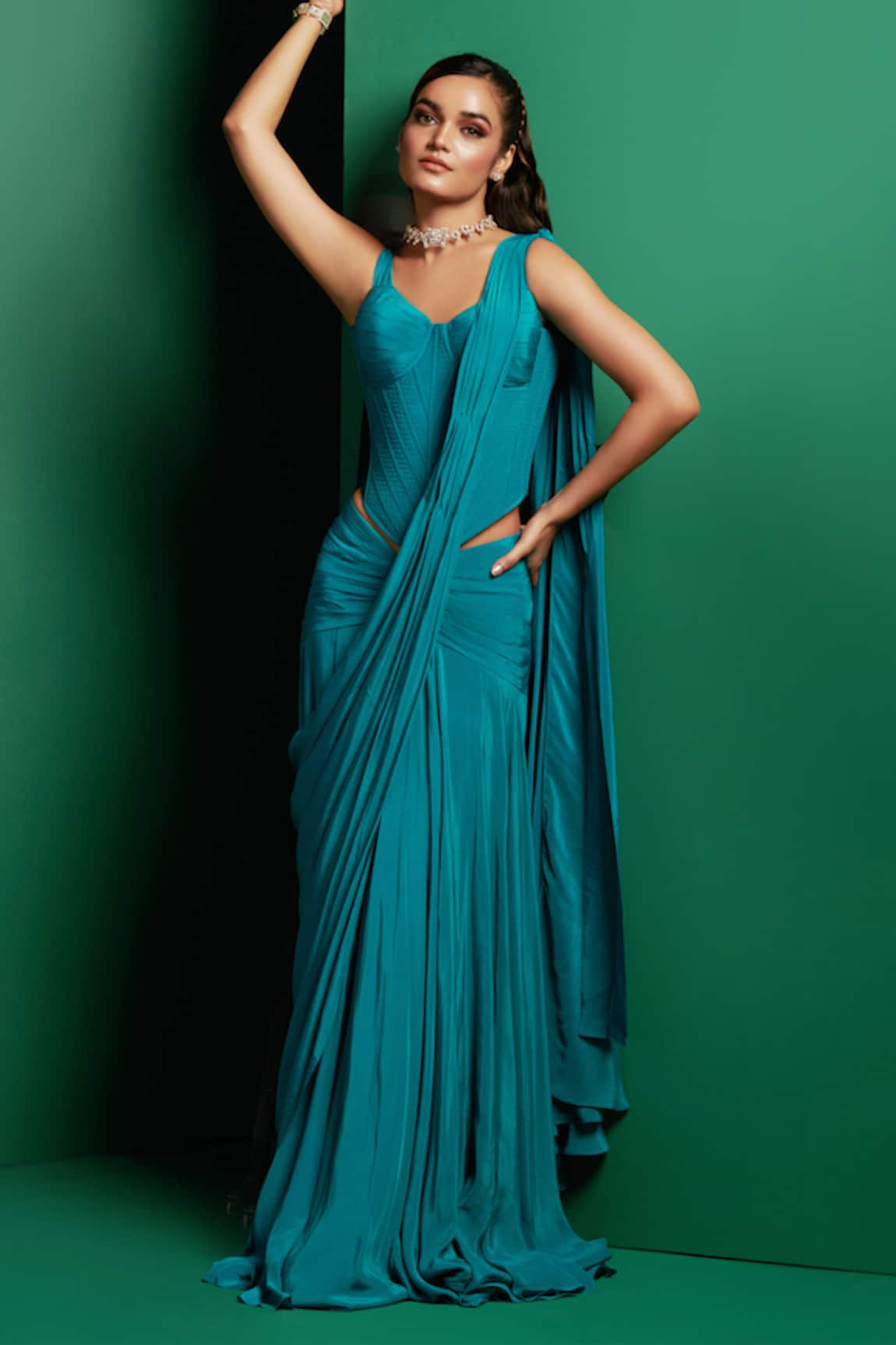 K&A By Karishma and Ashita Solid Pre-Draped Saree With Corset