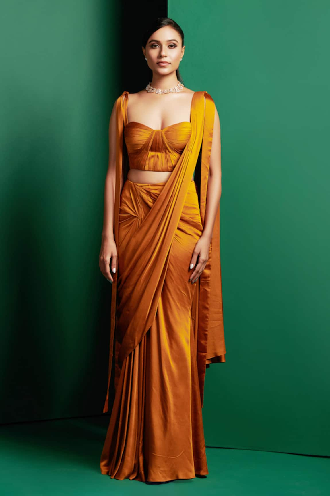 K&A By Karishma and Ashita Plain Pre-Draped Saree With Pleated Corset