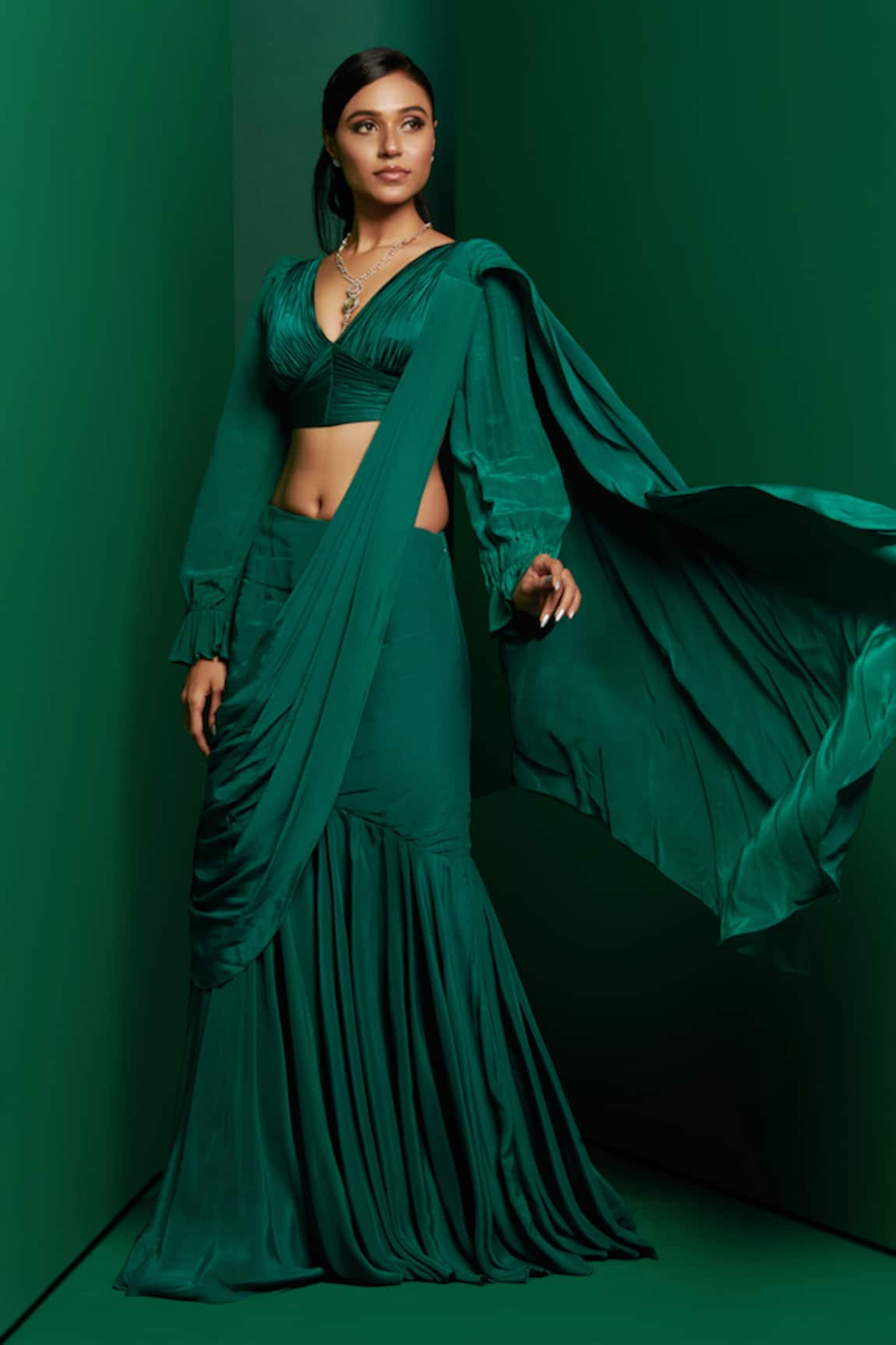 K&A By Karishma and Ashita Plain Pre-Draped Saree With Blouse