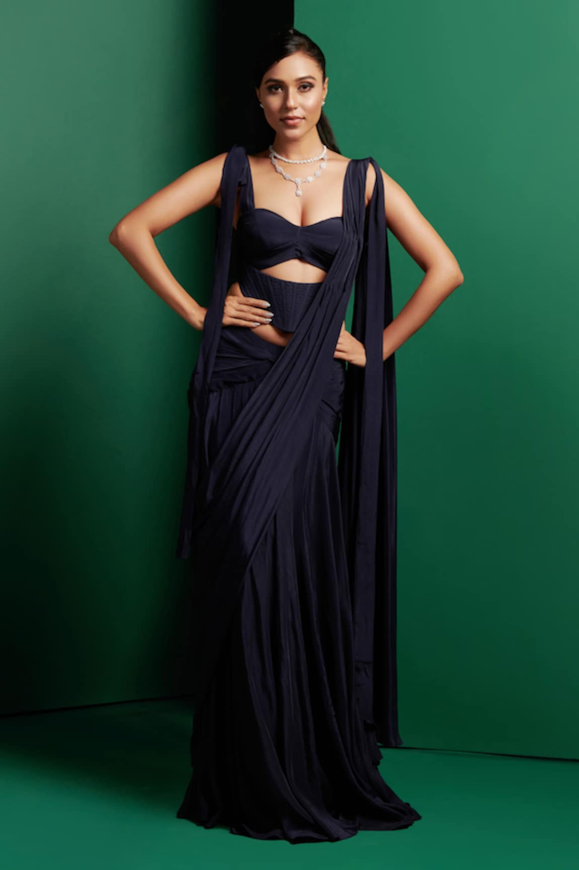 K&A By Karishma and Ashita Plain Pre-Draped Saree With Cut-Out Panel Corset