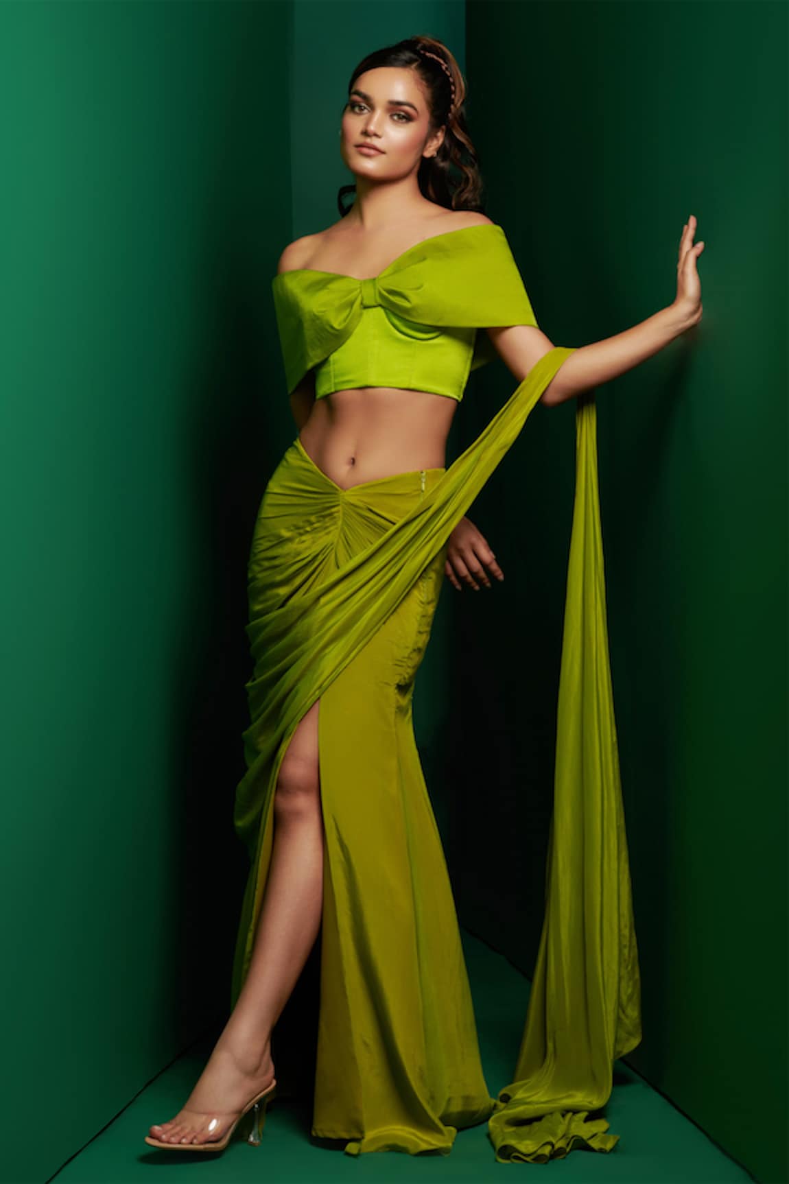 K&A By Karishma and Ashita Slit Pre-Draped Saree With Bow-Neck Blouse