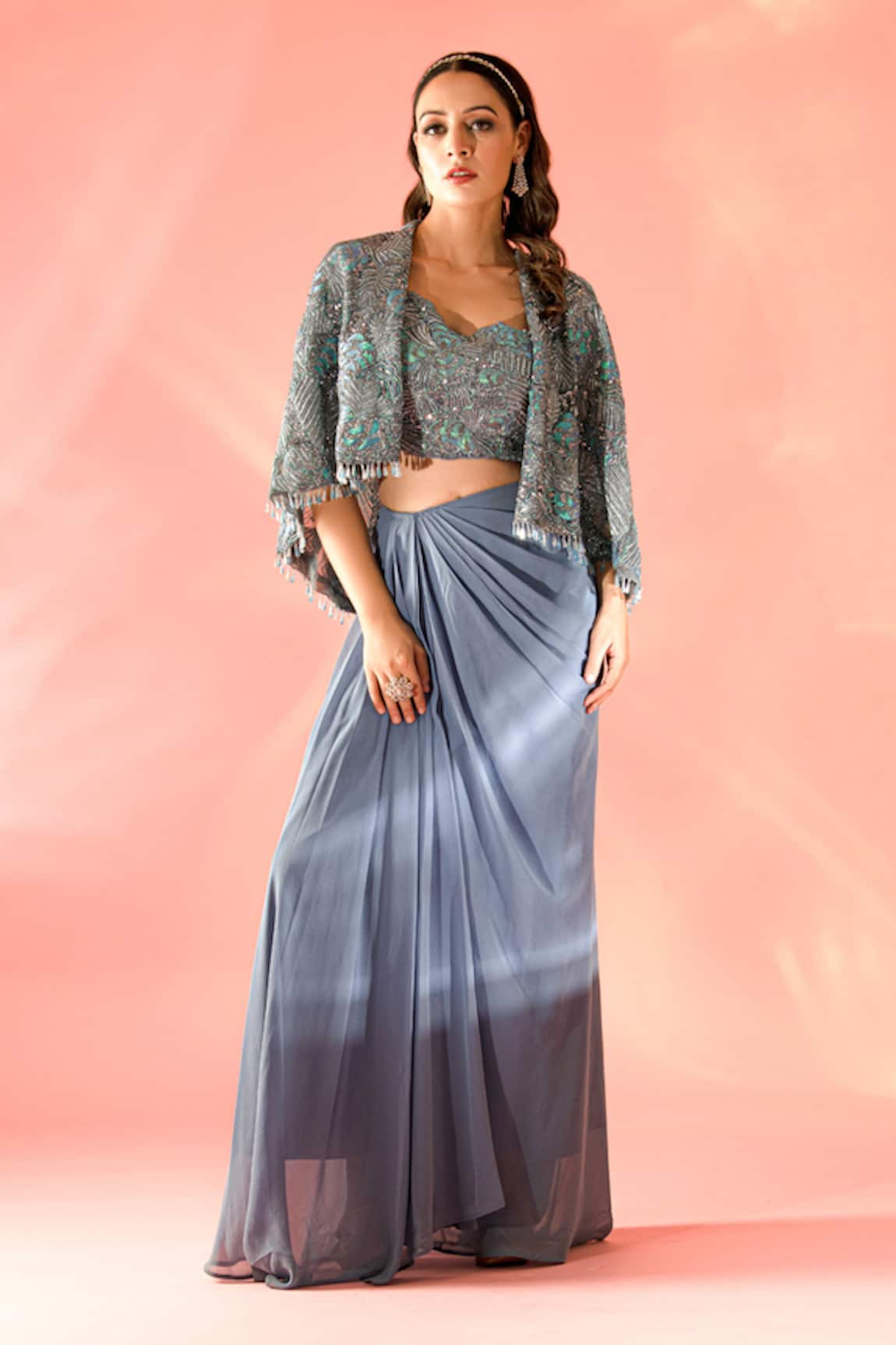 Label Astha Chhabra Sequin Embellished Cape Skirt Set