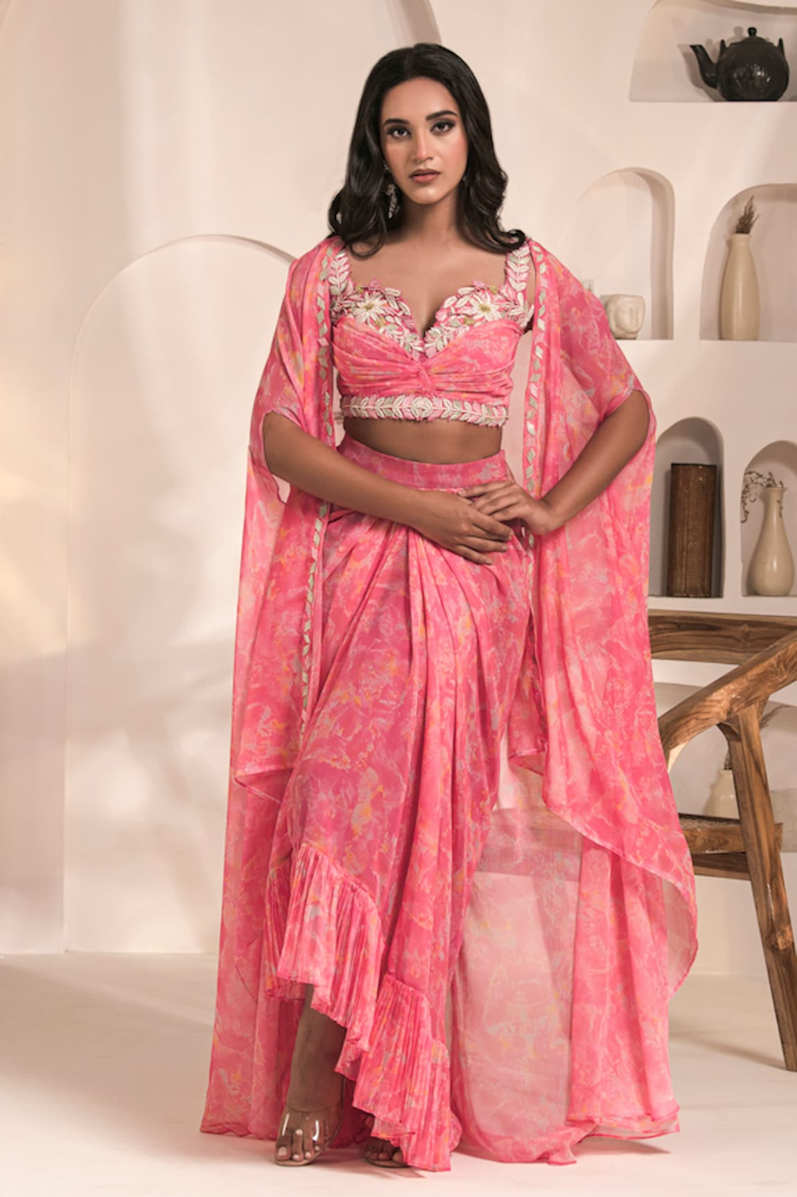 Label Astha Chhabra Tie Dye Print Cape & Dhoti Skirt Set