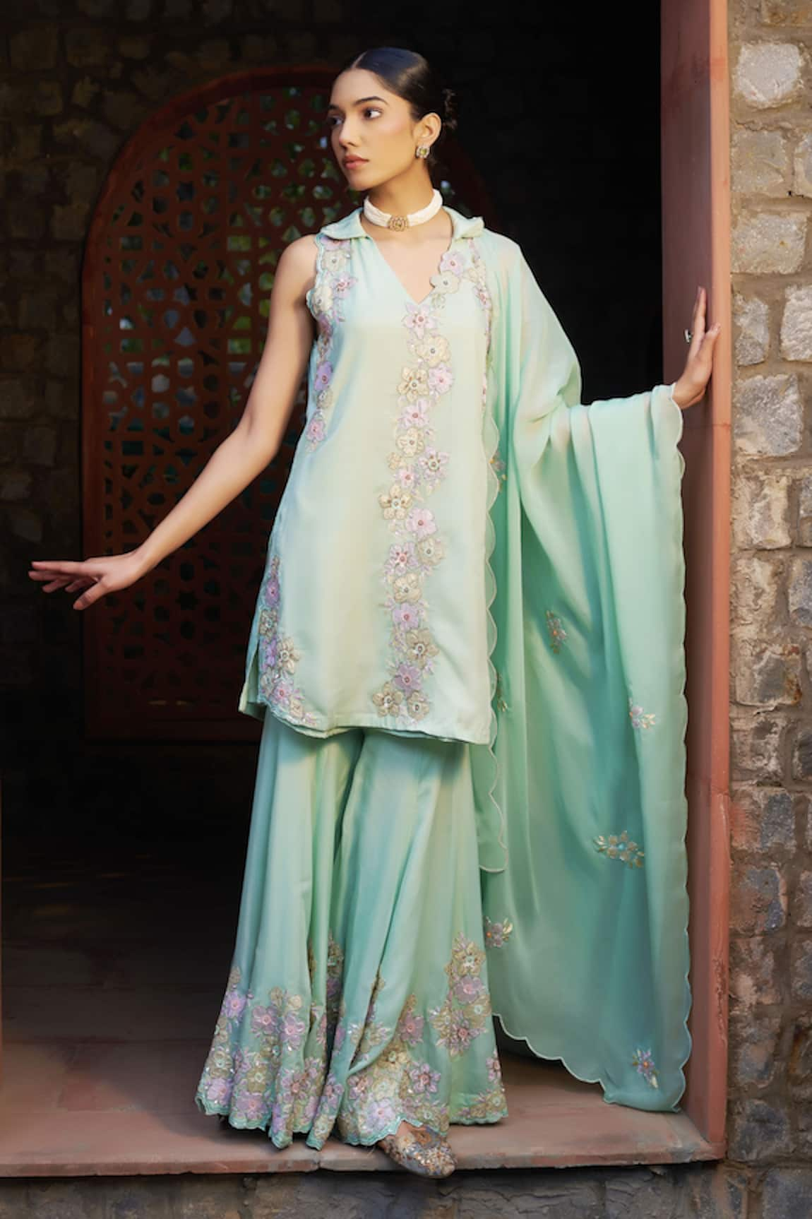 Sonia Khatri Summer Floral Applique Kurta Sharara Set