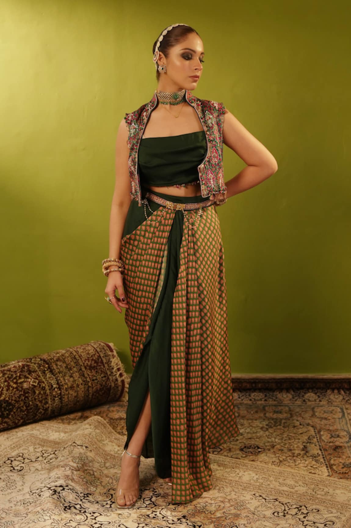 Aditi Gupta Dual Draped Skirt Set With Jamawar Jacket