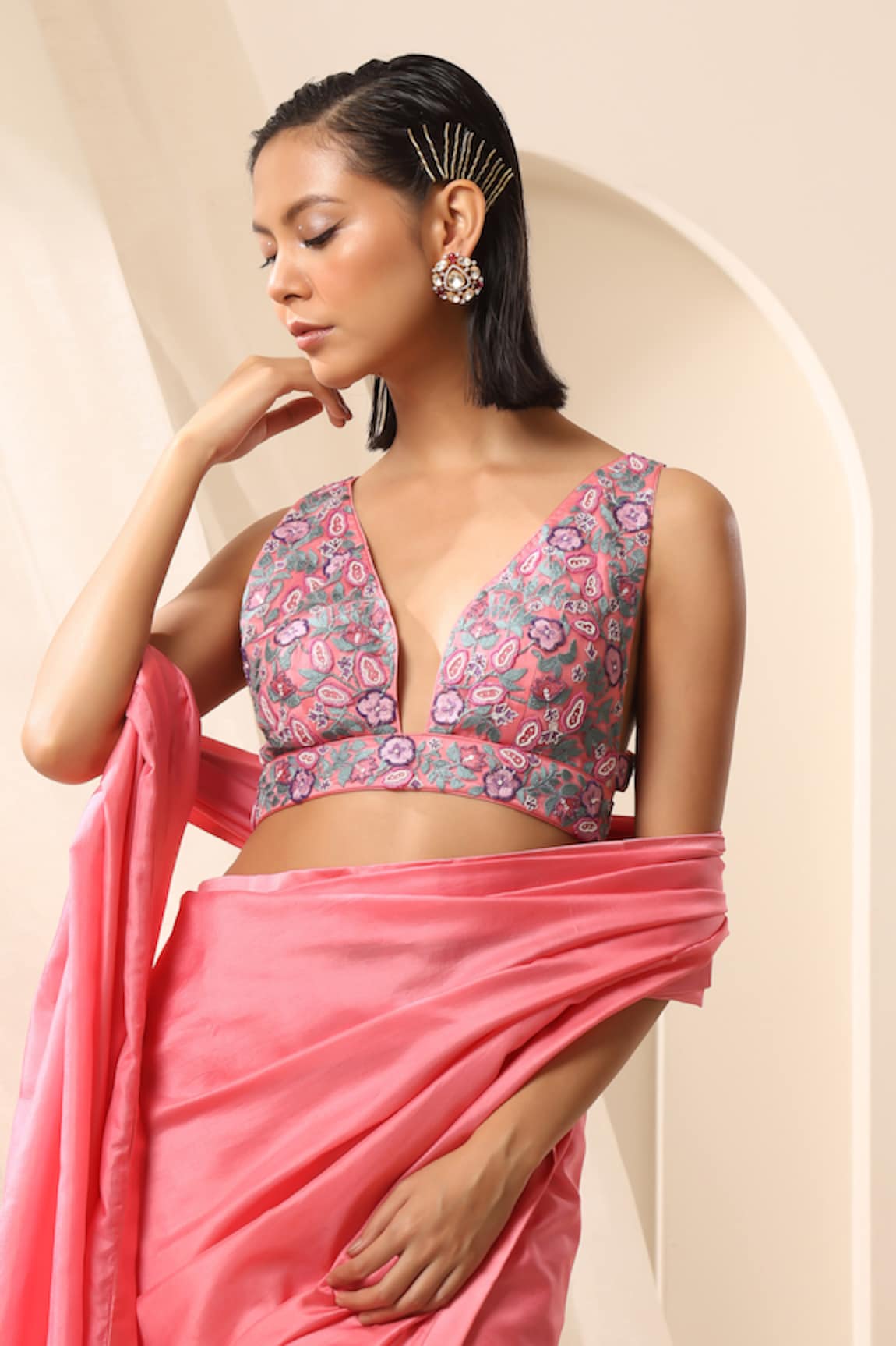 Weaver Story Plunging V Embroidered Saree Blouse