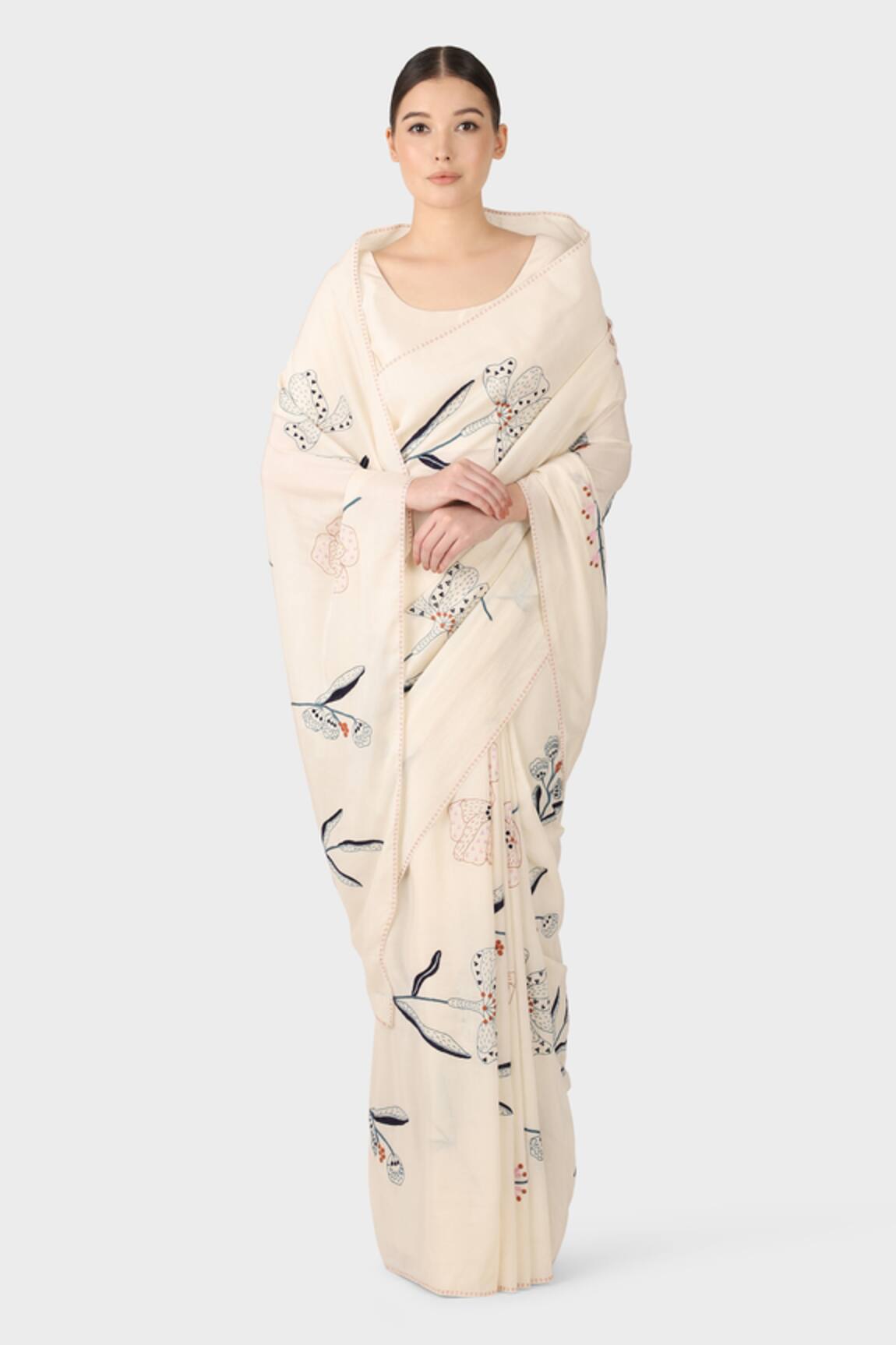 LAITE Contrast Floral Hand Embroidered Saree 