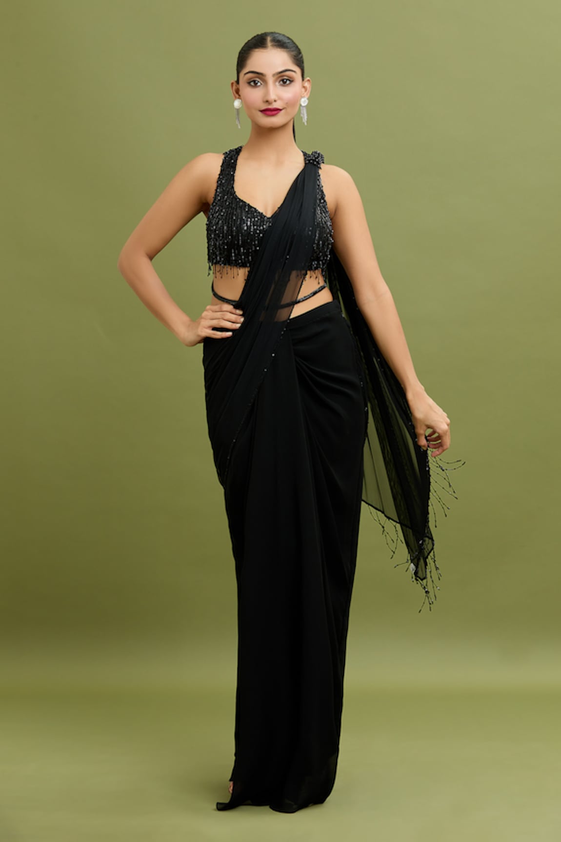 ARPAN VOHRA Waterfall Pre-Draped Saree With Sequin Embroidered Blouse