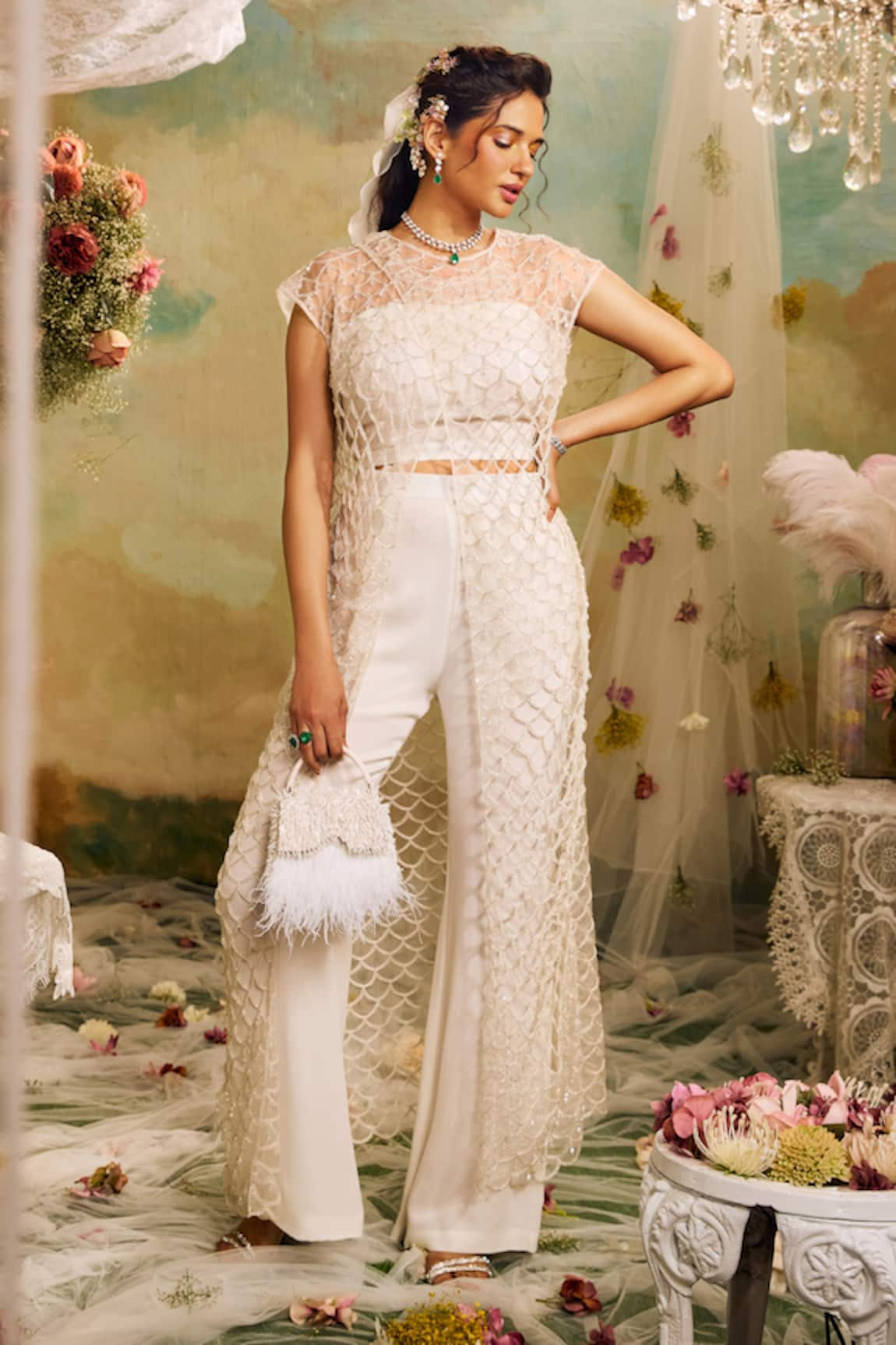 Studio22 by Pulkita Arora Bajaj Cutwork Tassel Embroidered Overlay Trouser Set