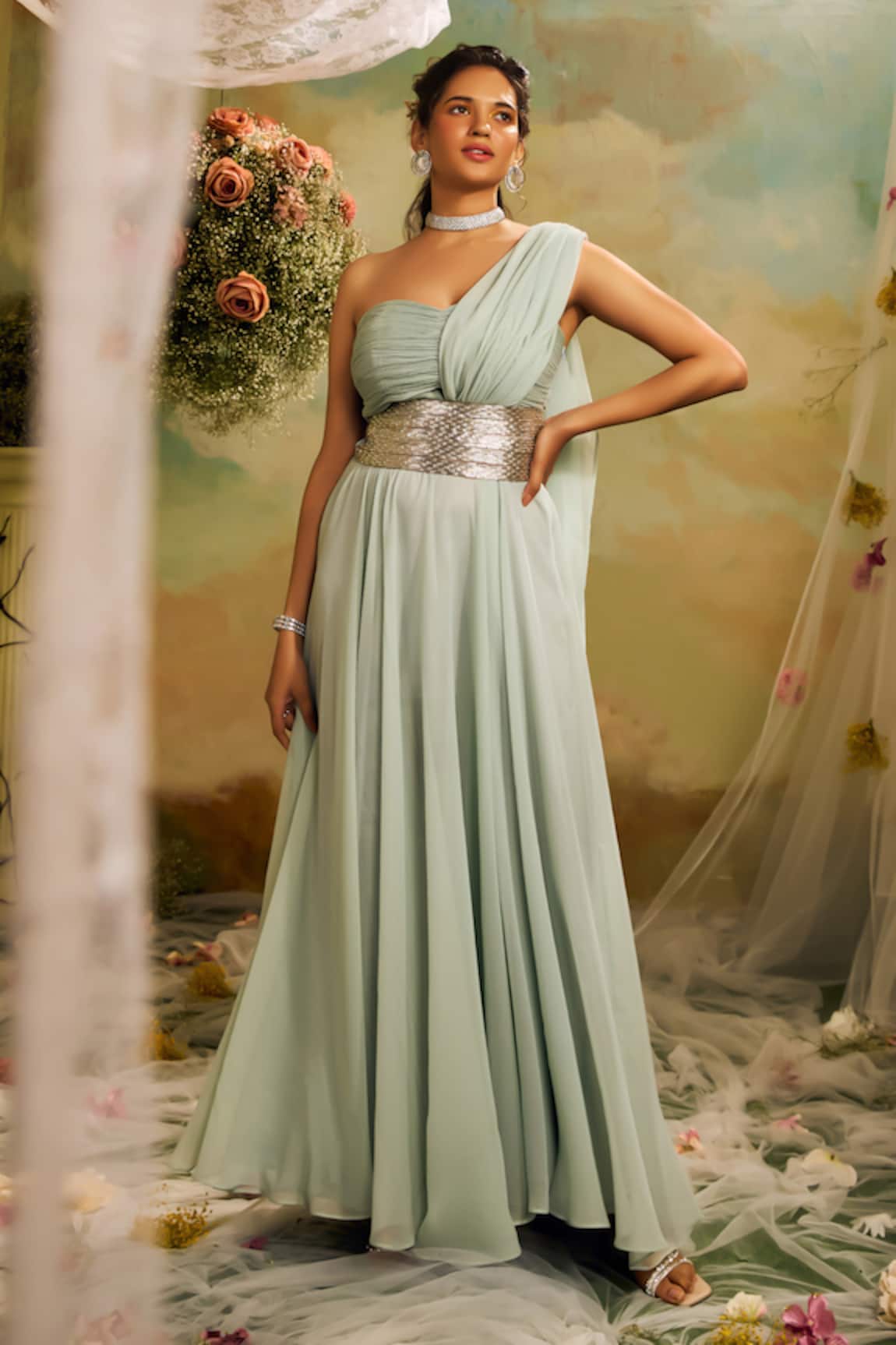 Studio22 by Pulkita Arora Bajaj Embroidered Draped Gown With Belt