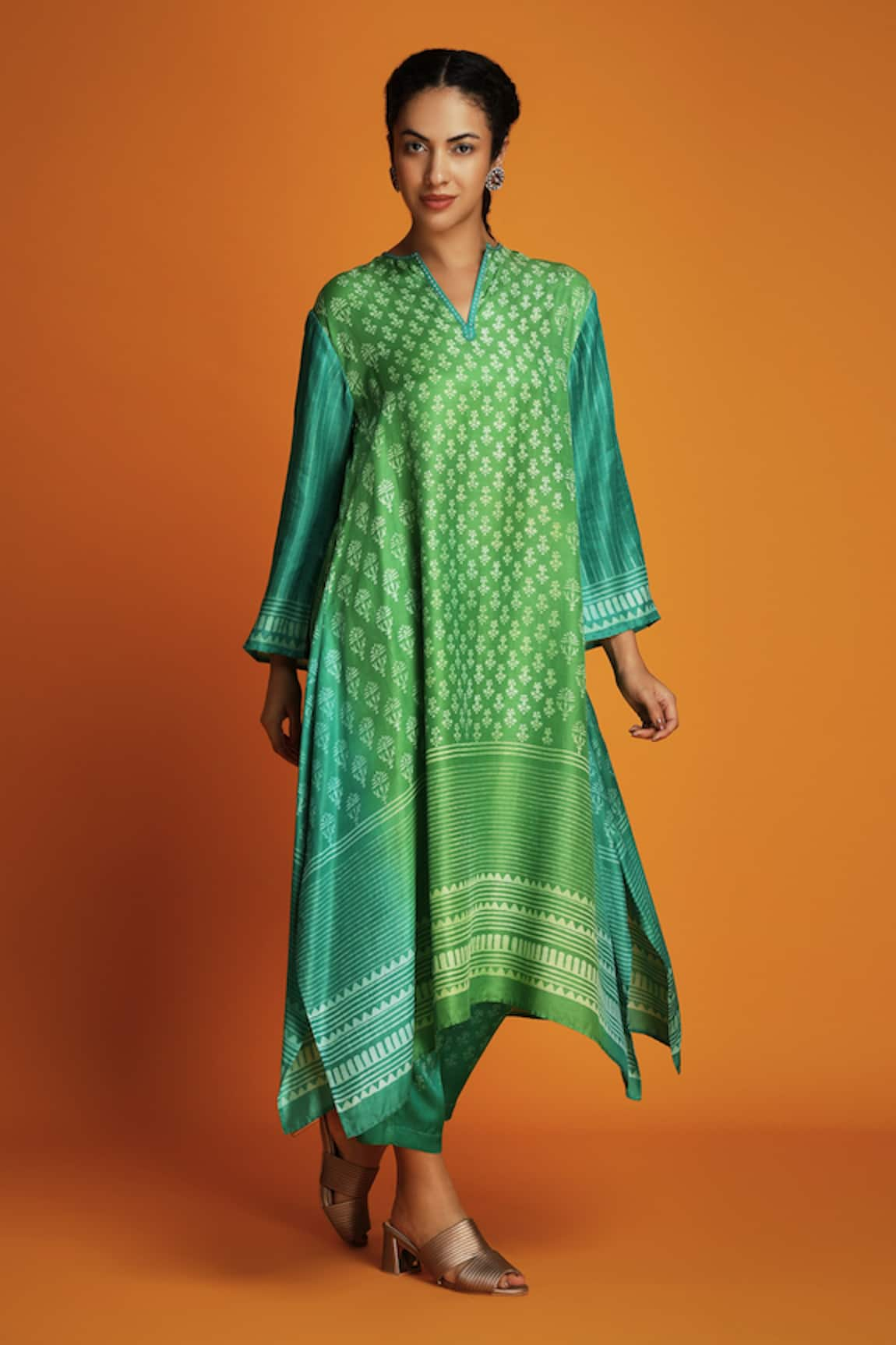 Krishna Mehta Two Tone Ombre Block Print Tunic With Pant