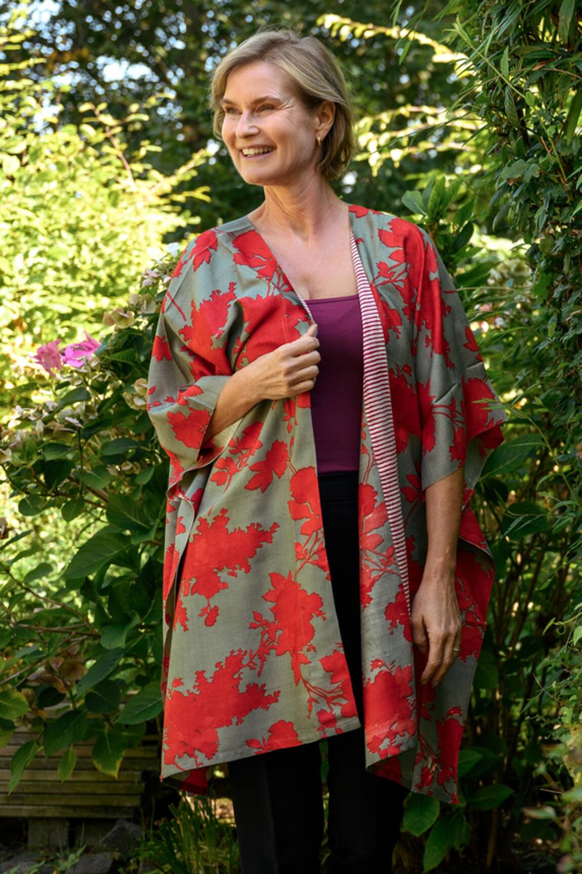 Aeshaane Red Abstract Leaf Hand Block Printed Kaftan