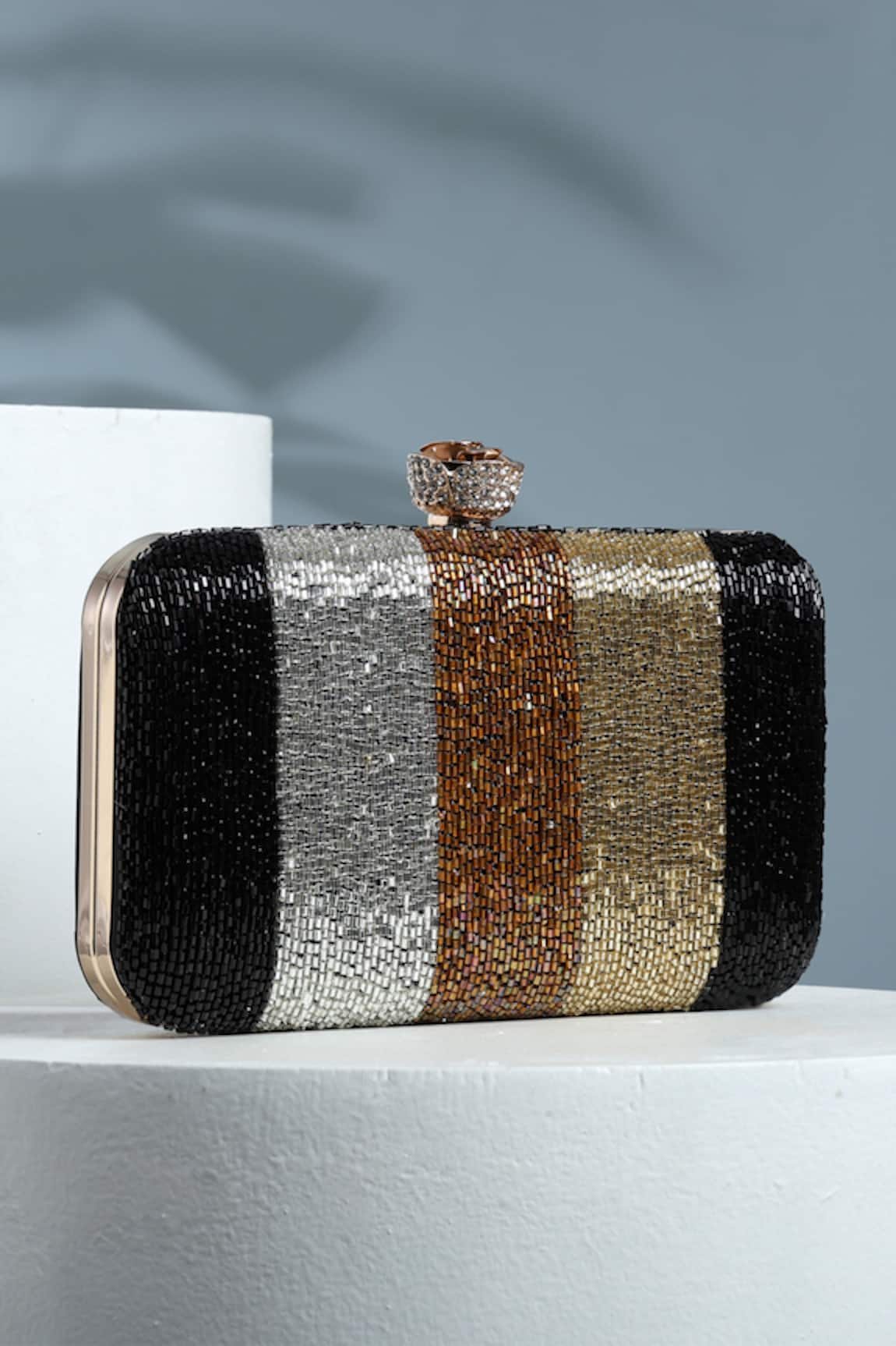 House of Webhin Stripe Fusion Embellished Clutch With Detachable Sling Chain