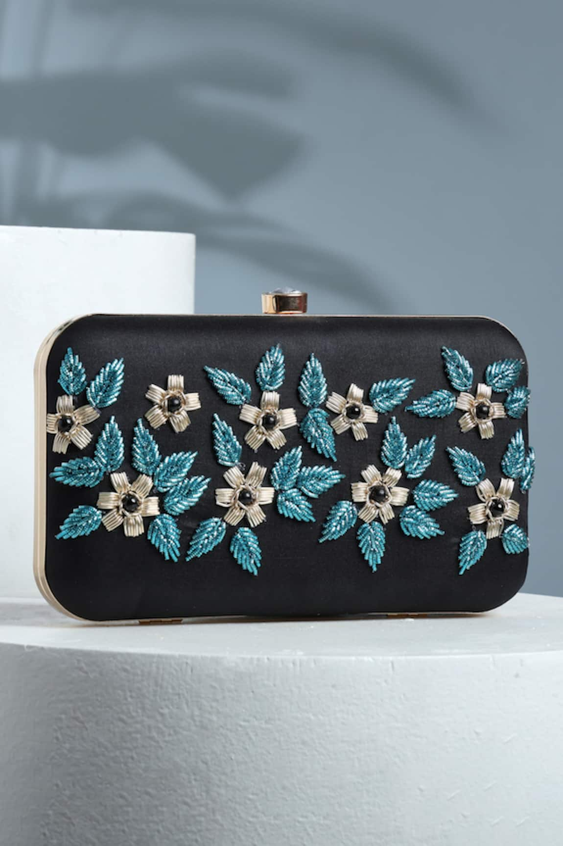 House of Webhin Midnight Blossom Embroidered Clutch With Detachable Sling Chain