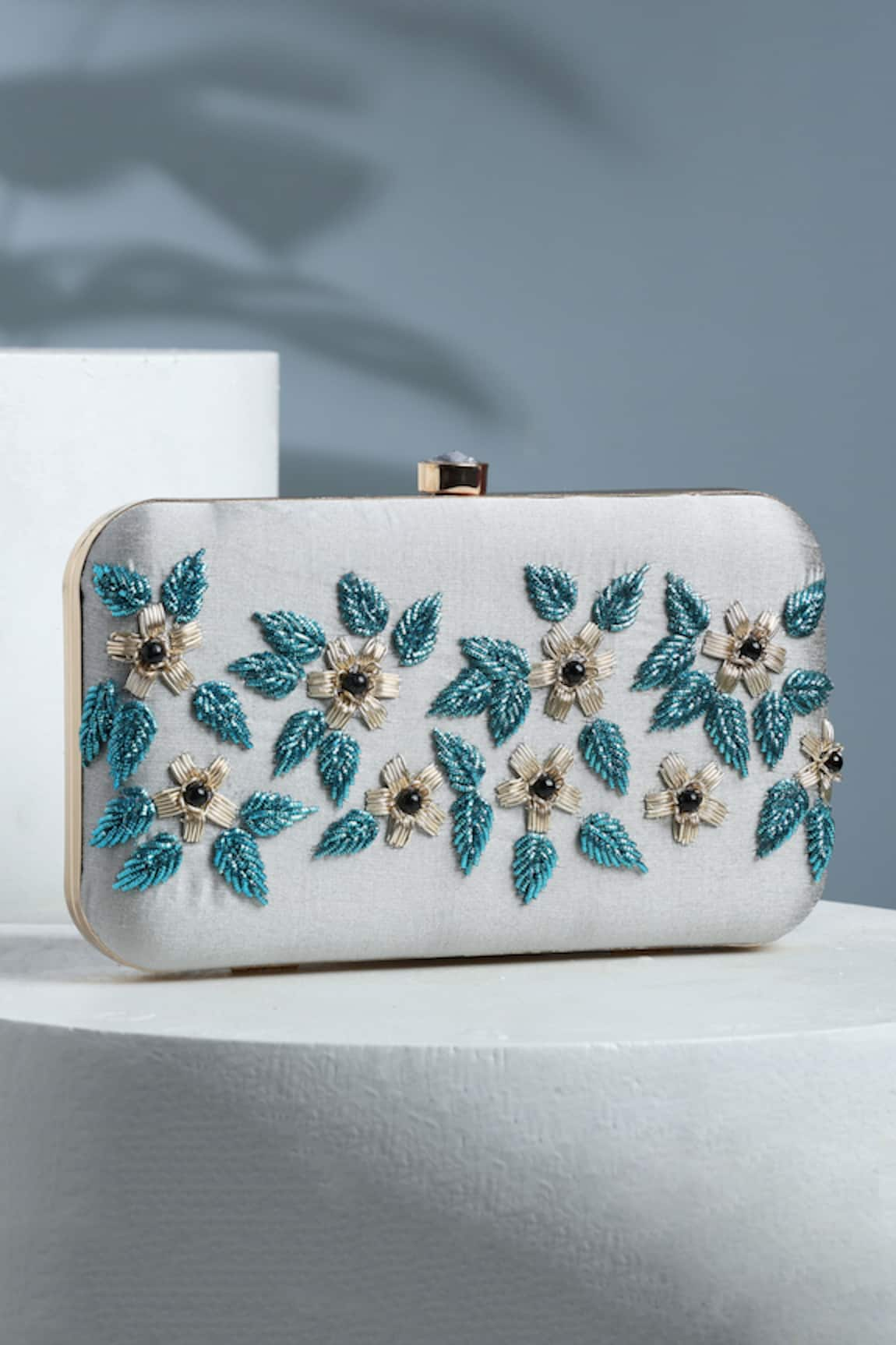 House of Webhin Petal Embroidered Clutch With Detachable Sling Chain