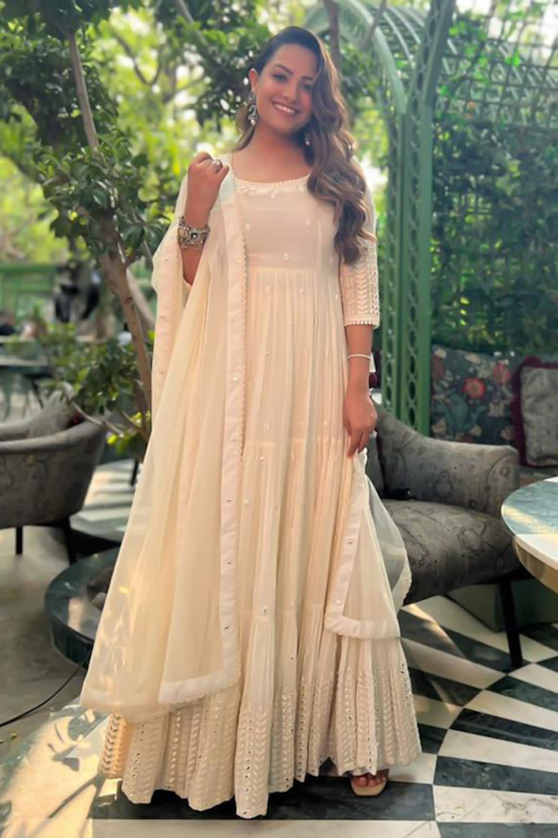 Preevin Ivy Vine Thread & Mirror Embroidered Tiered Anarkali With Dupatta 