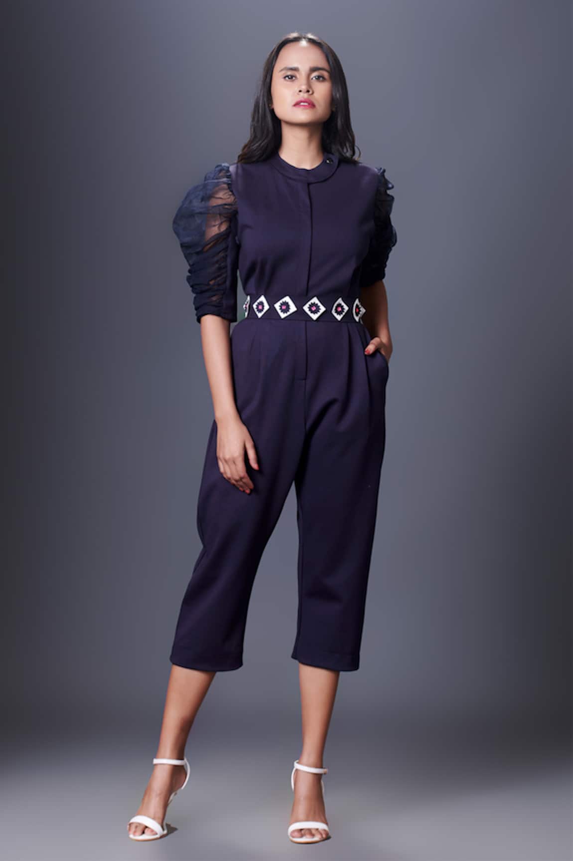 Deepika Arora Puffed Sleeve Embroidered Jumpsuit With Belt