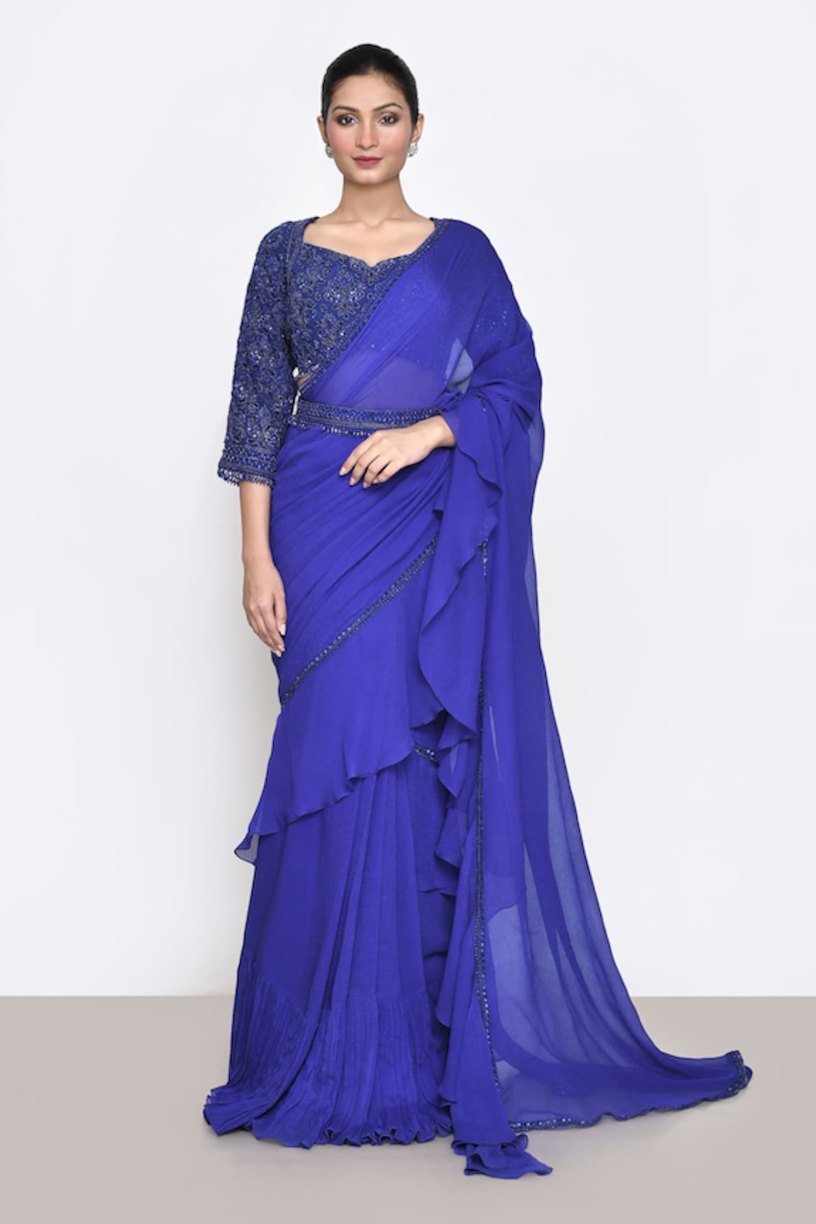 Sana Barreja Clara Pre-Draped Ruffle Saree With Embroidered Blouse