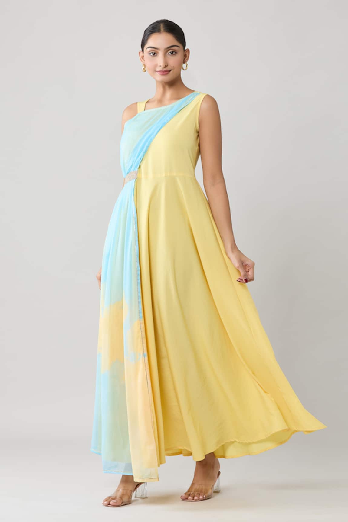 Adara Khan Draped Colorblock Maxi Dress