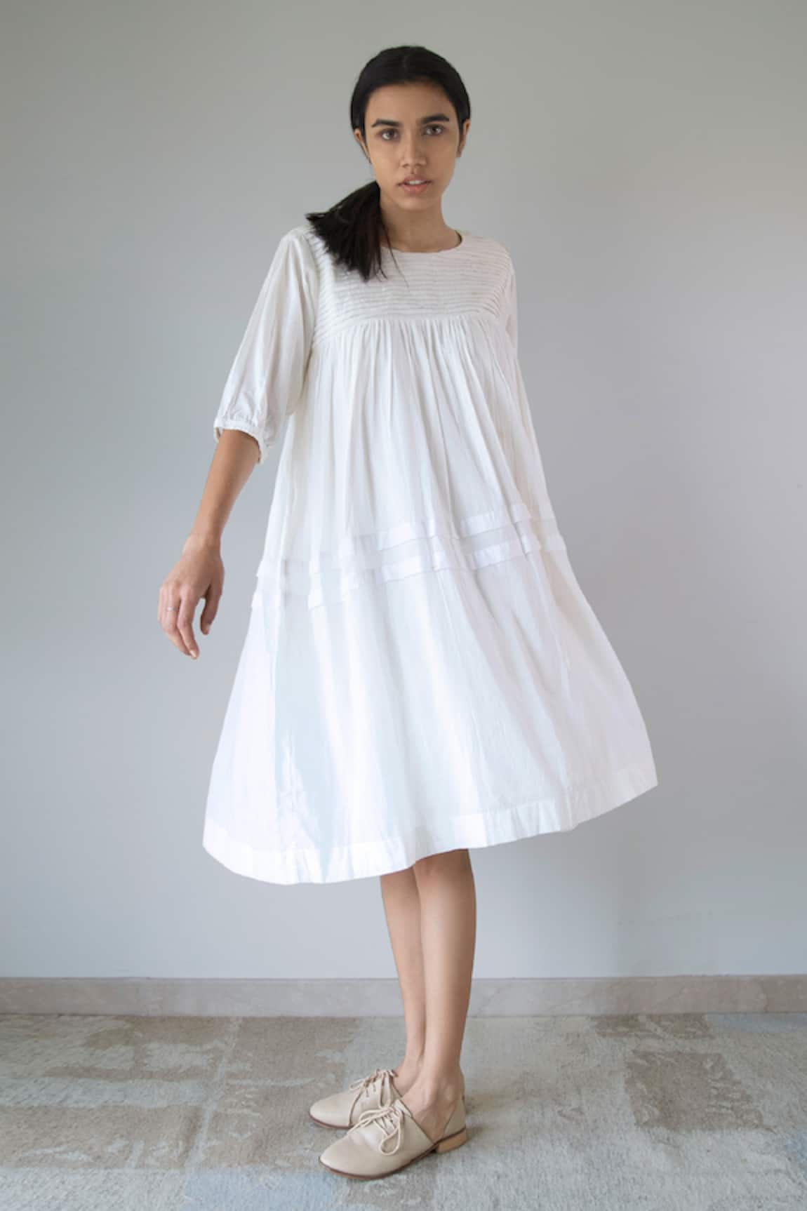 Merakus Pleated Yoke Cotton Dress