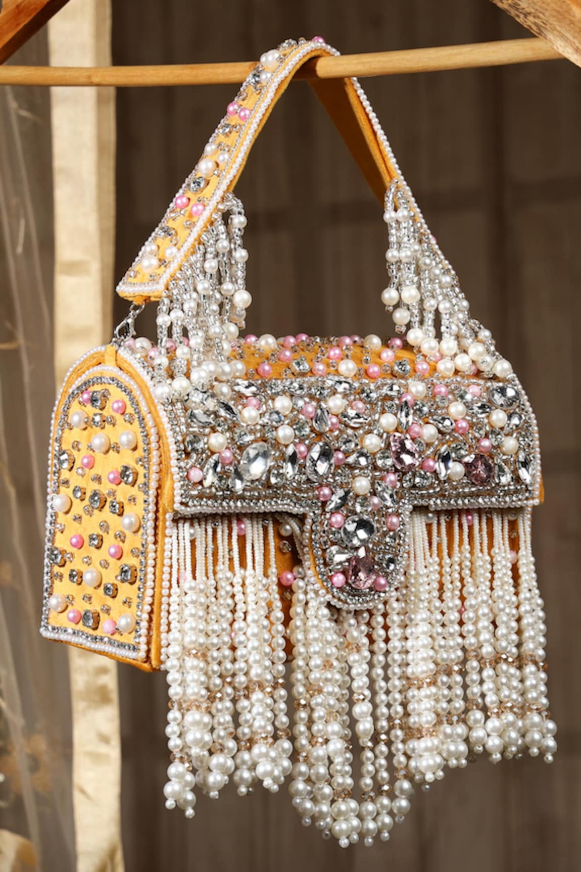 House of Webhin Bead & Stone Embellished Box Clutch