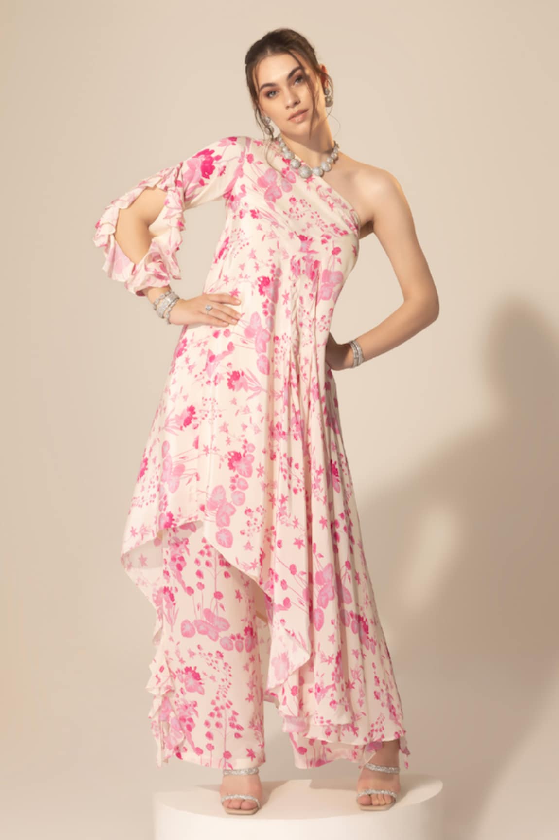 Sakshi Girri Botanical Print One-Shoulder Tunic & Pant Set