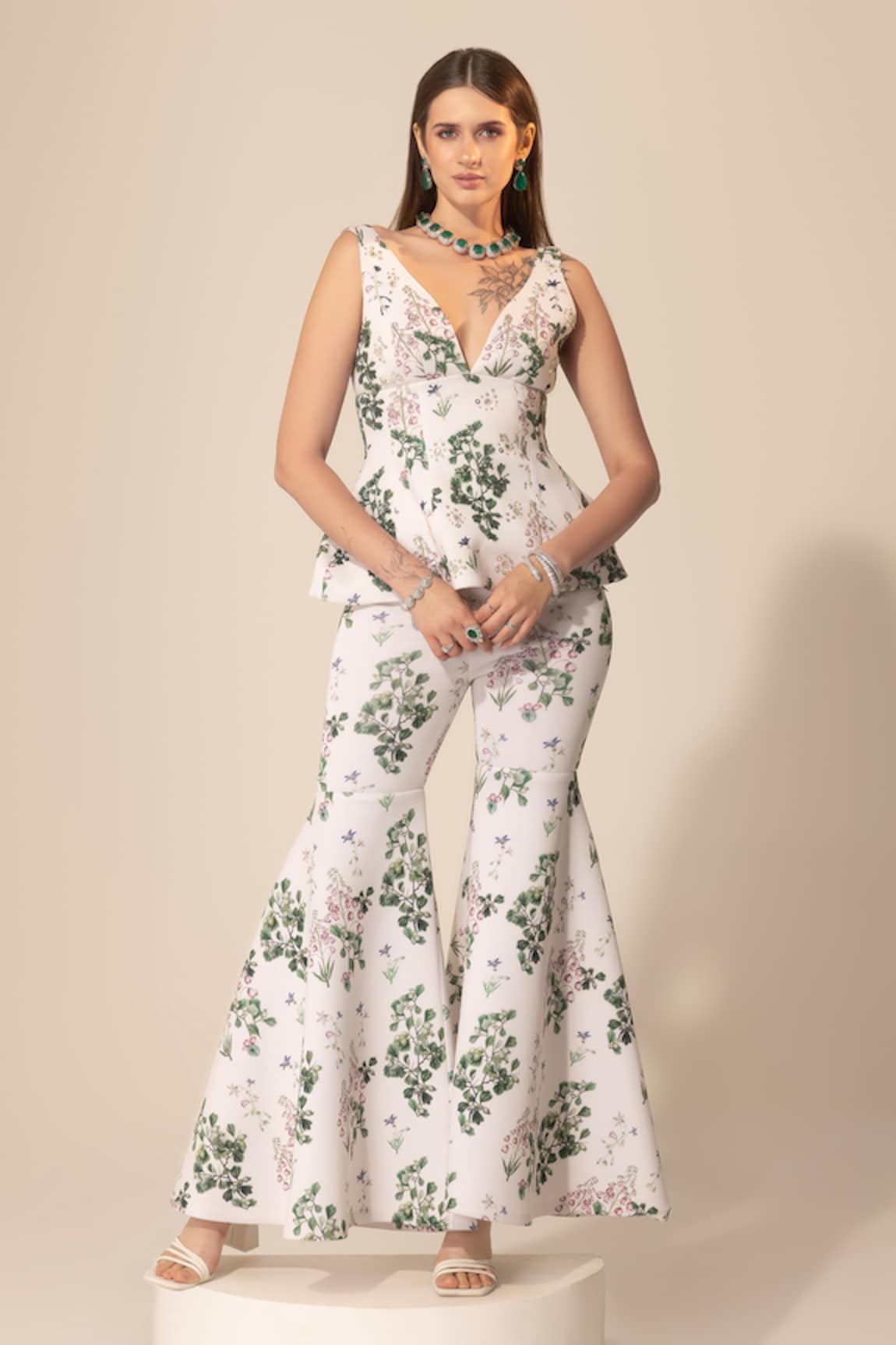 Sakshi Girri Botanical Print Peplum Top & Sharara Set