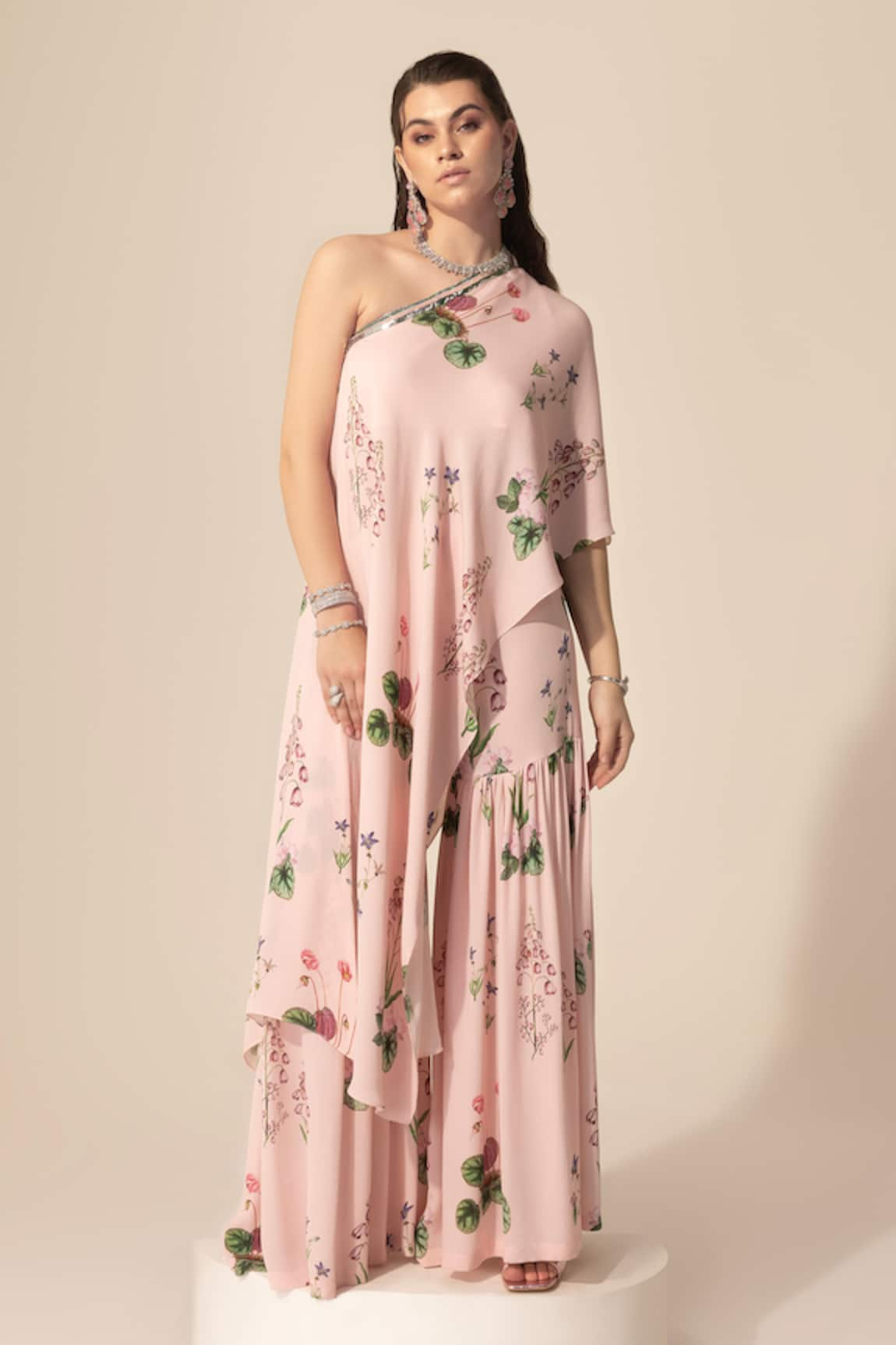 Sakshi Girri Botanical Print One-Shoulder Tunic & Sharara Set