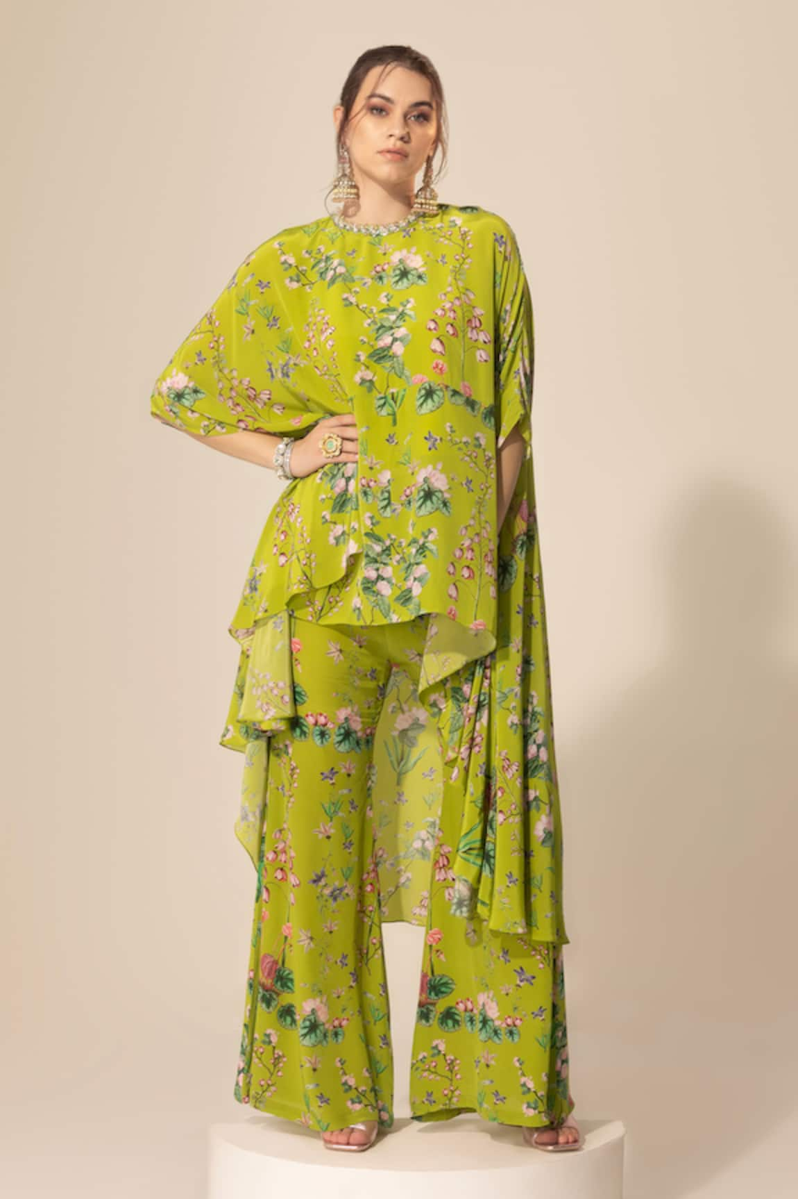 Sakshi Girri Botanical Pattern Cape & Bell Bottom Pant Set