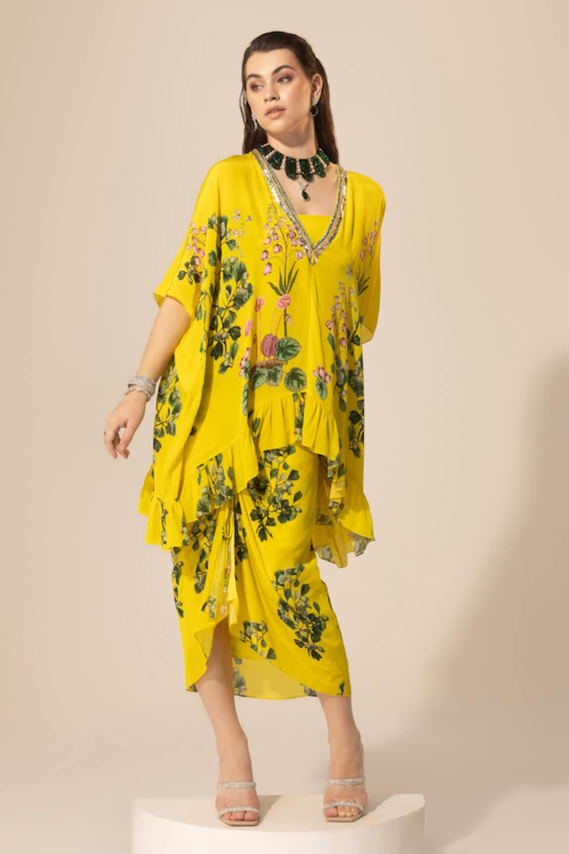 Sakshi Girri Botanical Print Short Kaftan & Skirt Set