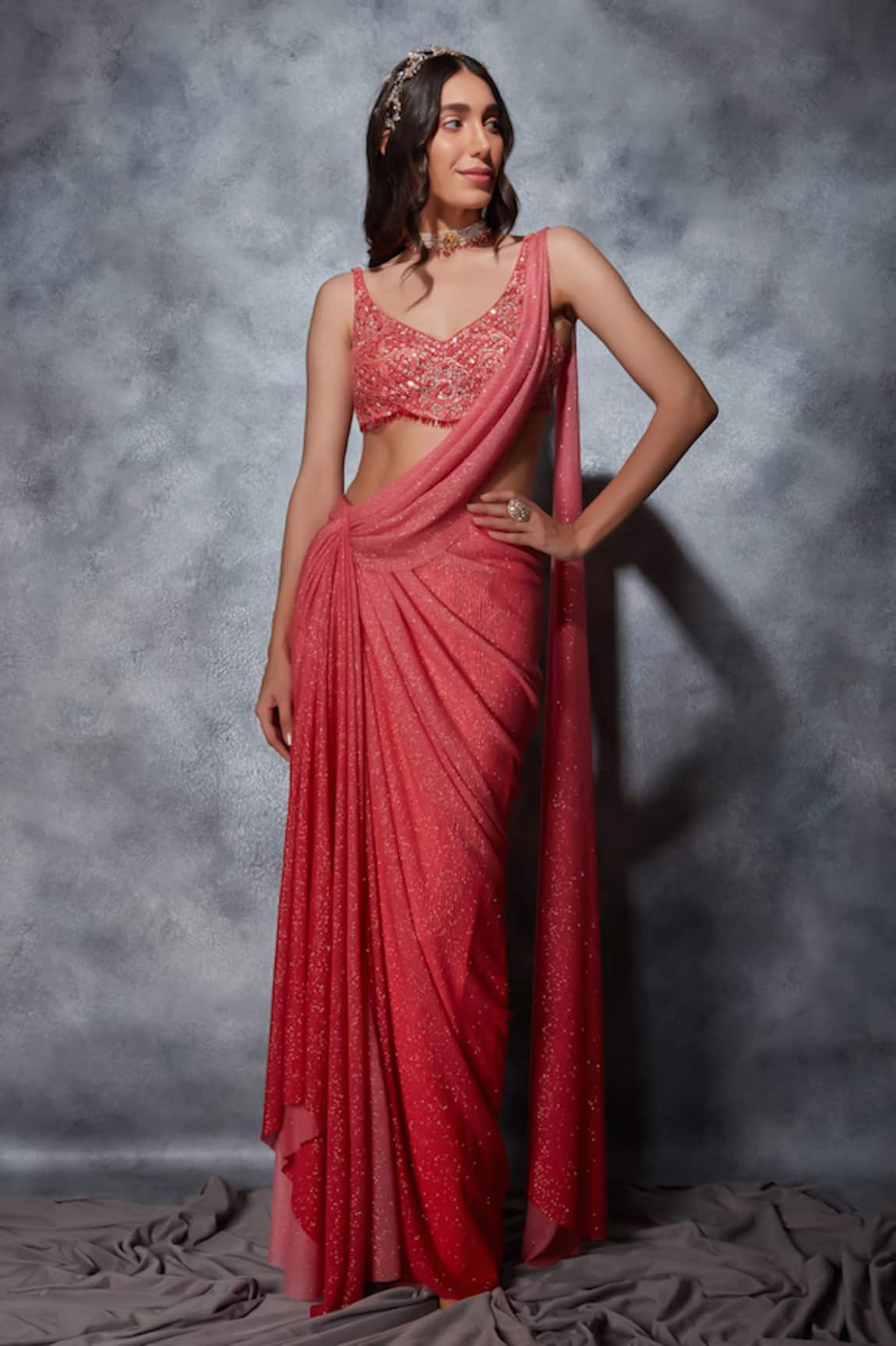 Saaj by Ankita Glitter Jersey Pre-Draped Saree With Blouse