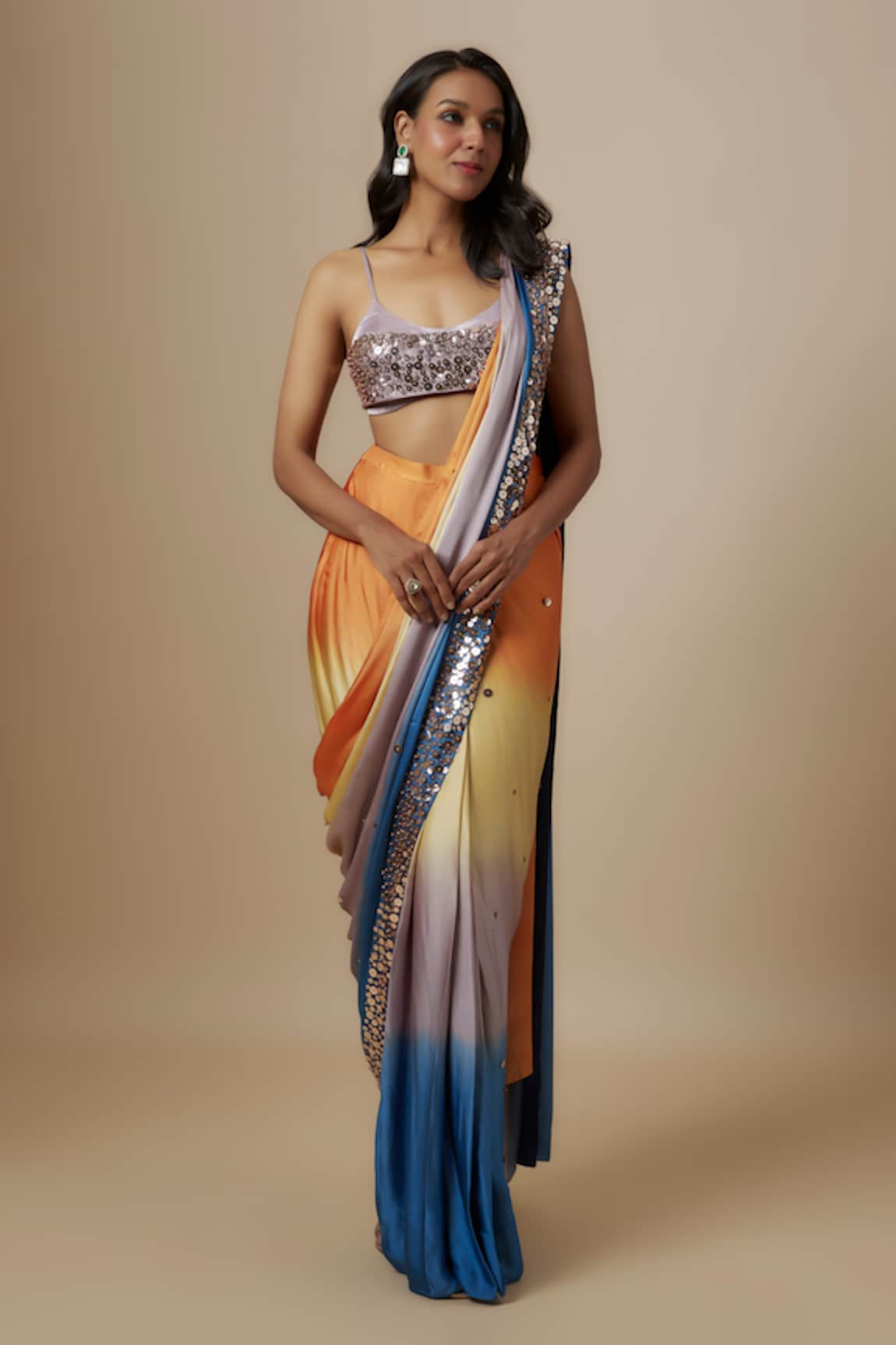 Masumi Mewawalla Sunset Ombre Pre-Draped Saree With Sequin Blouse