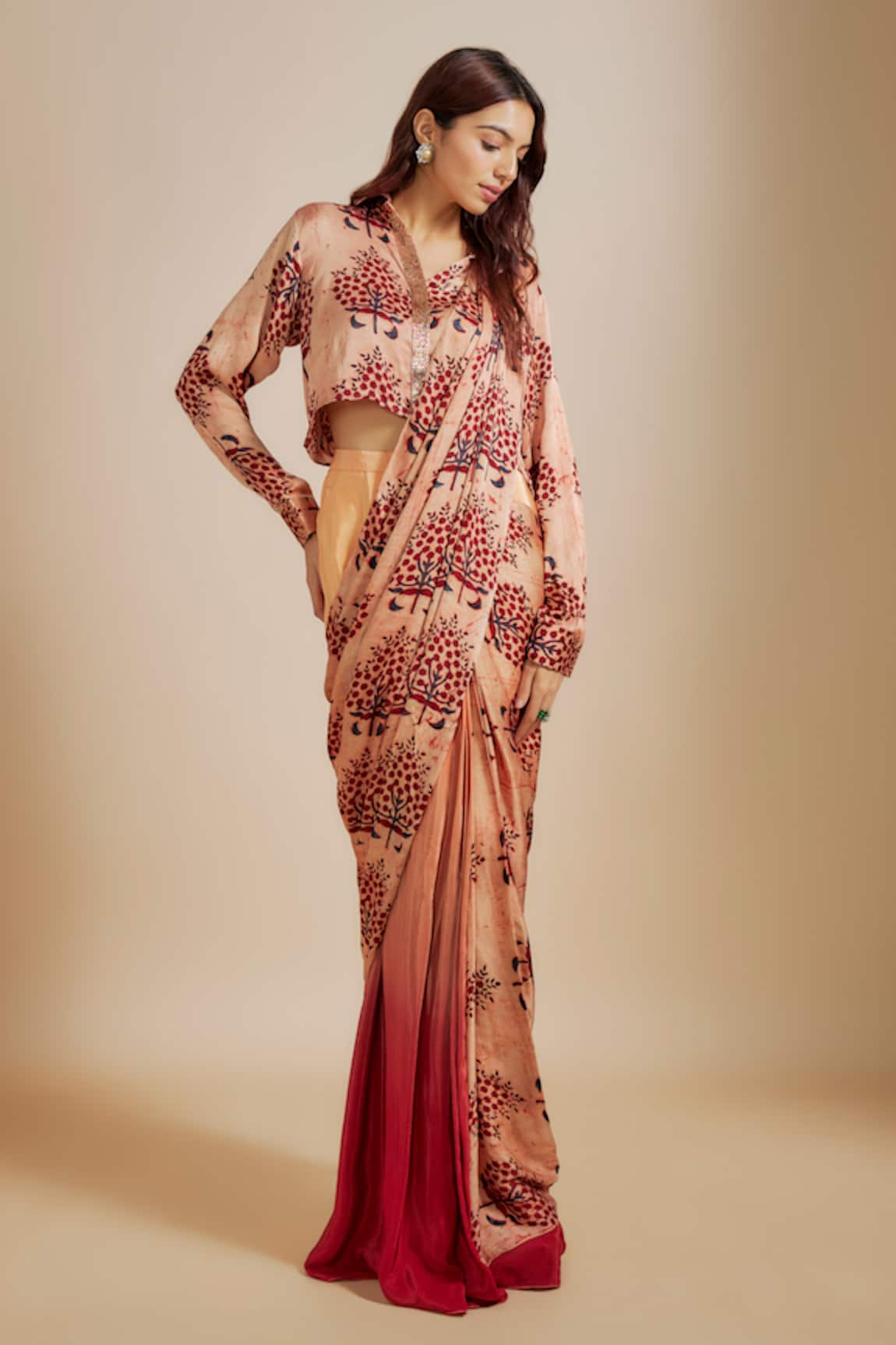 Masumi Mewawalla Ajrakh Print Pre-Draped Saree With Shirt