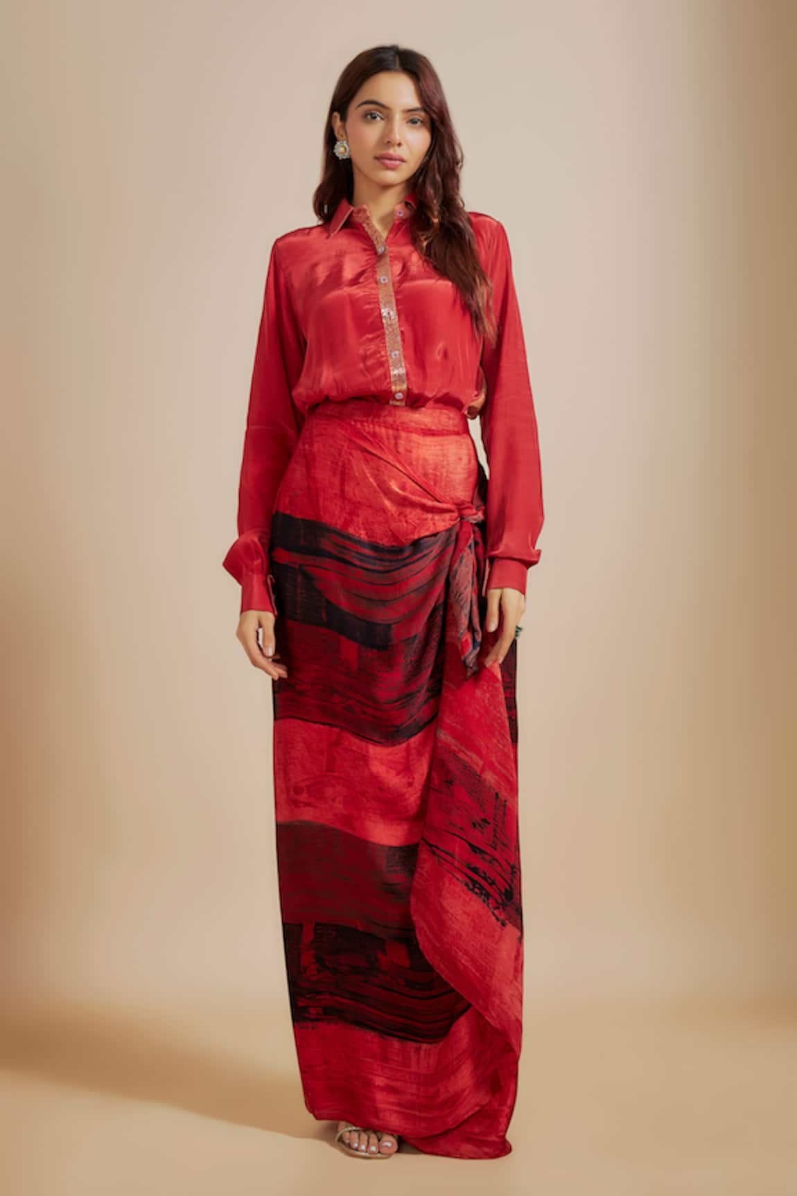 Masumi Mewawalla Embroidered Placket Shirt With Printed Draped Skirt