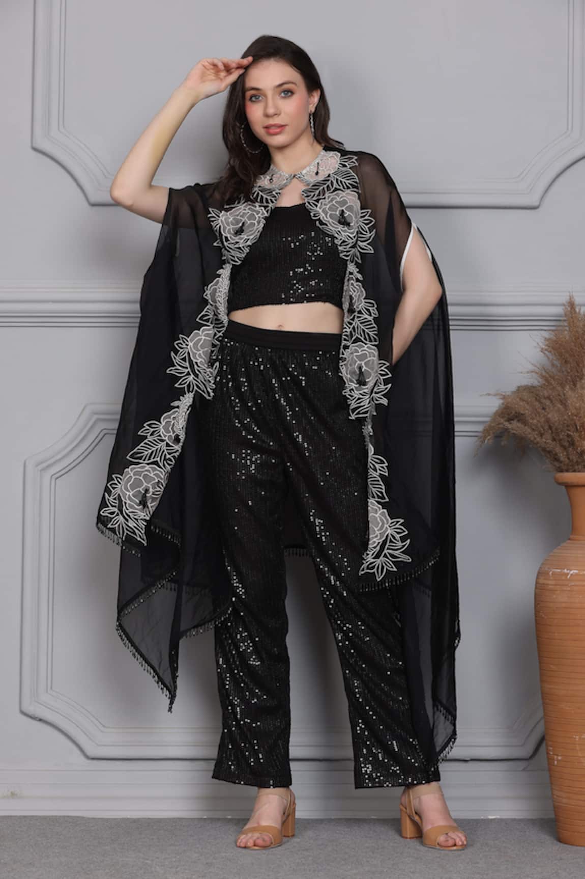 Midori By Sgv Lily Floral Border Cape Pant Set 